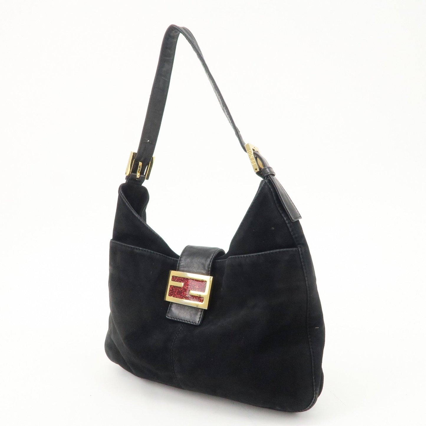 FENDI Suede Leather Shoulder Bag Black 26569