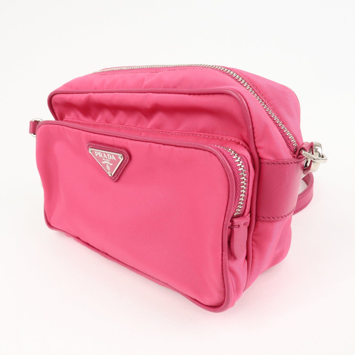 PRADA Triangle Logo Leather Shoulder Bag Pink Silver Hardware