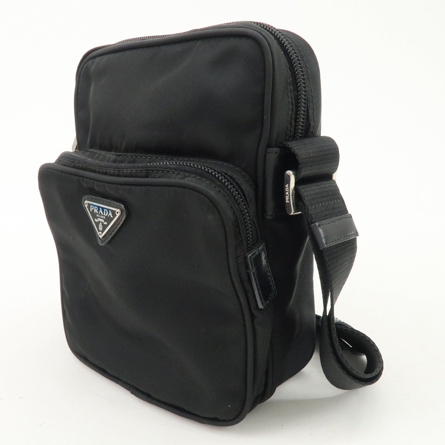 PRADA Triangle Logo Nylon Leather Shoulder Bag Purse Black BT0169