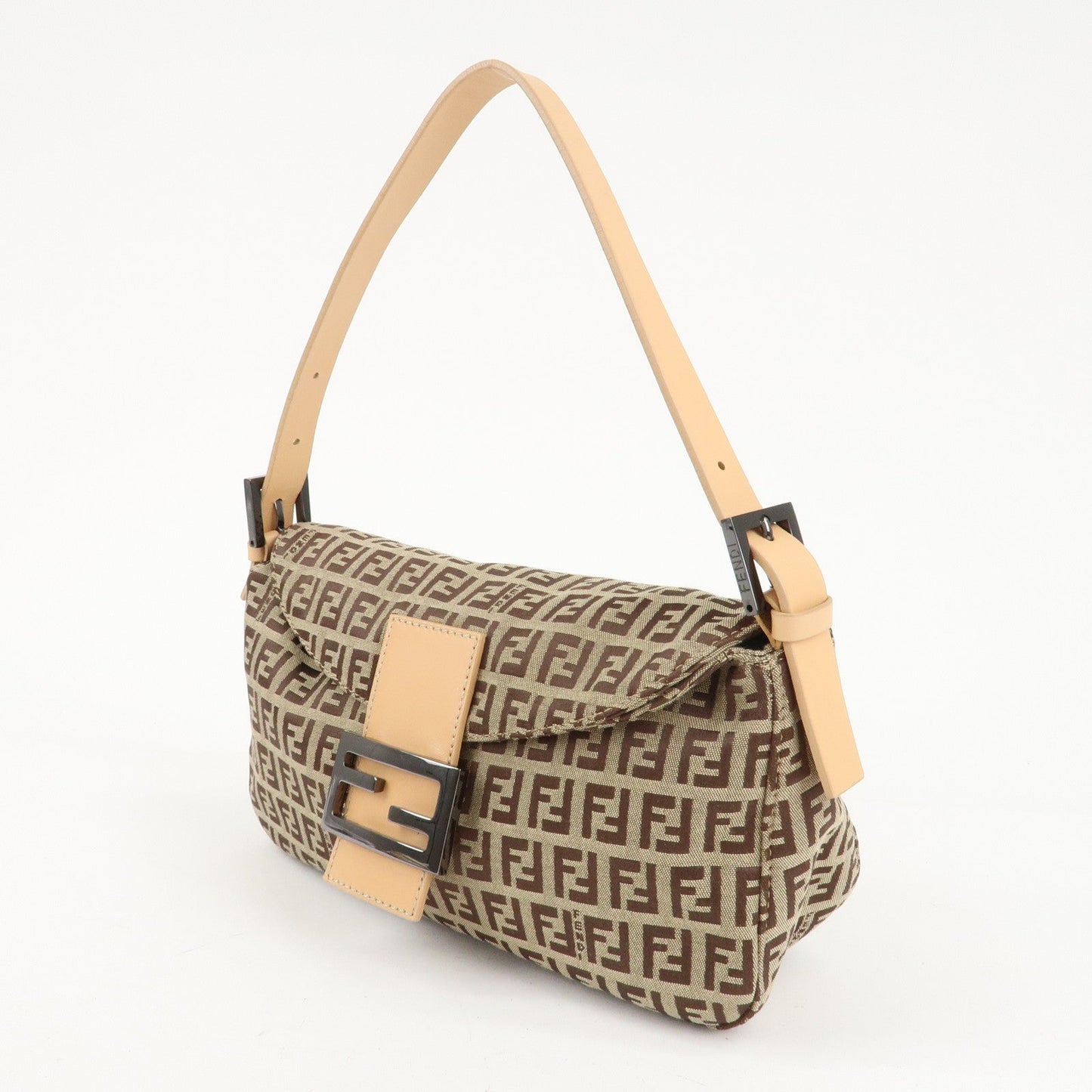 FENDI Zucchino Canvas Leather Shoulder Bag Beige 8BR003