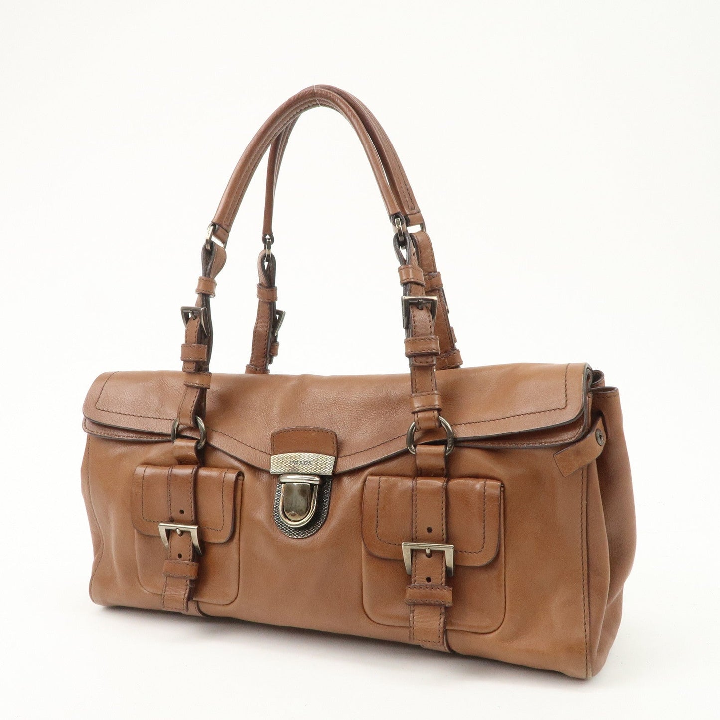 PRADA Logo Leather Shoulder Bag Hand Bag Brown Silver Hardware