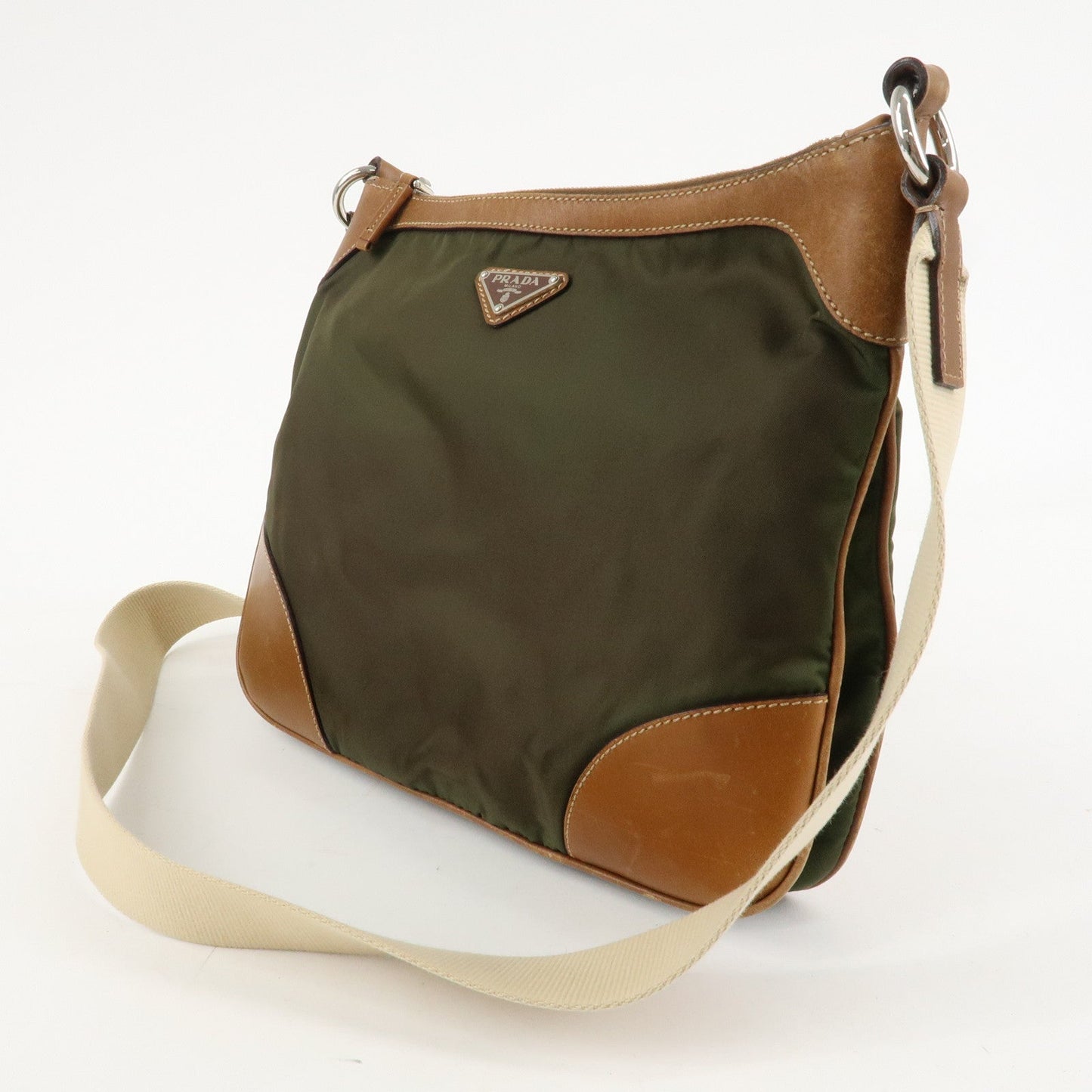 PRADA Nylon Leather Triangle Logo Shoulder Bag Khaki BT0507
