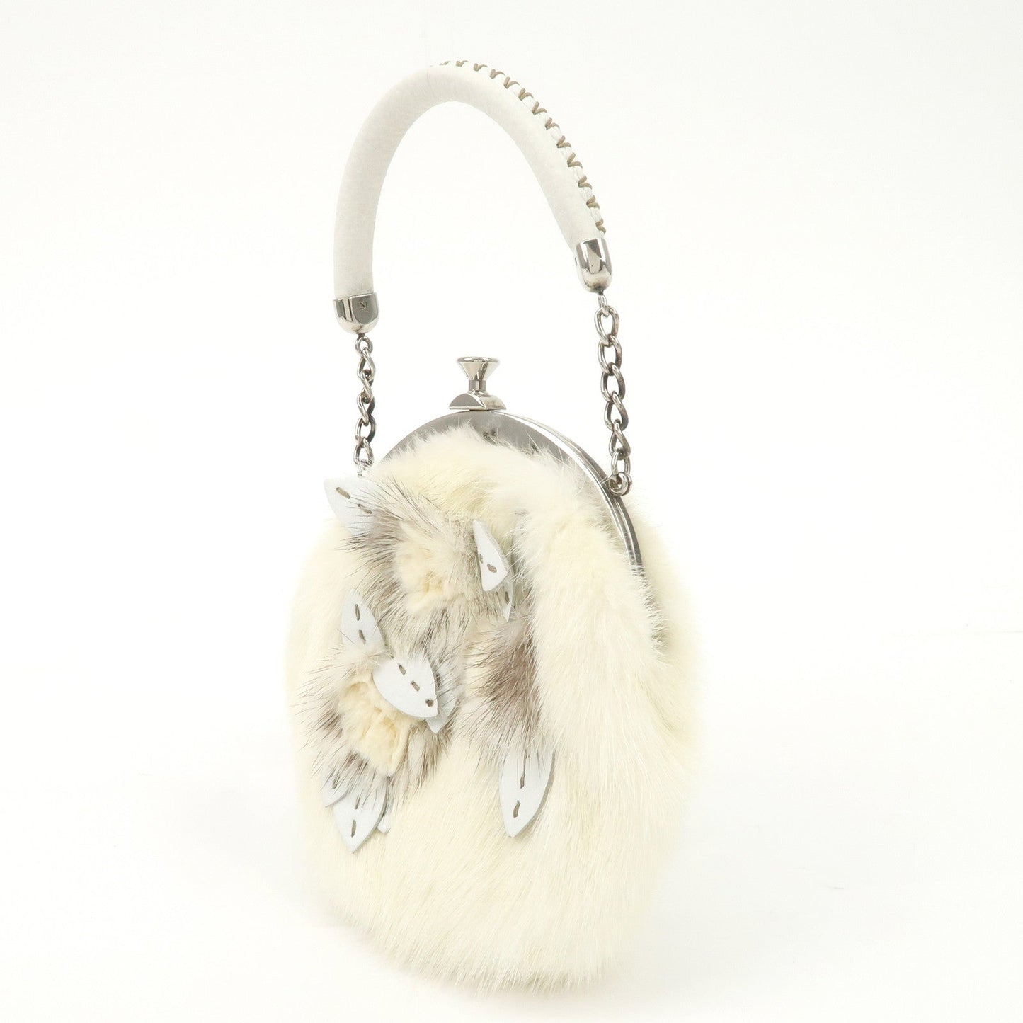 FENDI Seleria Leather Fur Flower Motif Kiss Lock Pouch Hand Bag 8BK048