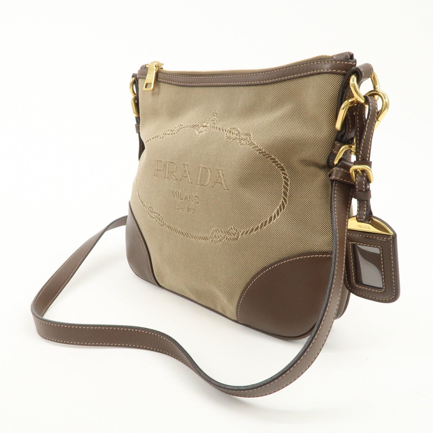 PRADA Logo Jaguard Leather Shoulder Bag Crossbody Bag Beige Brown
