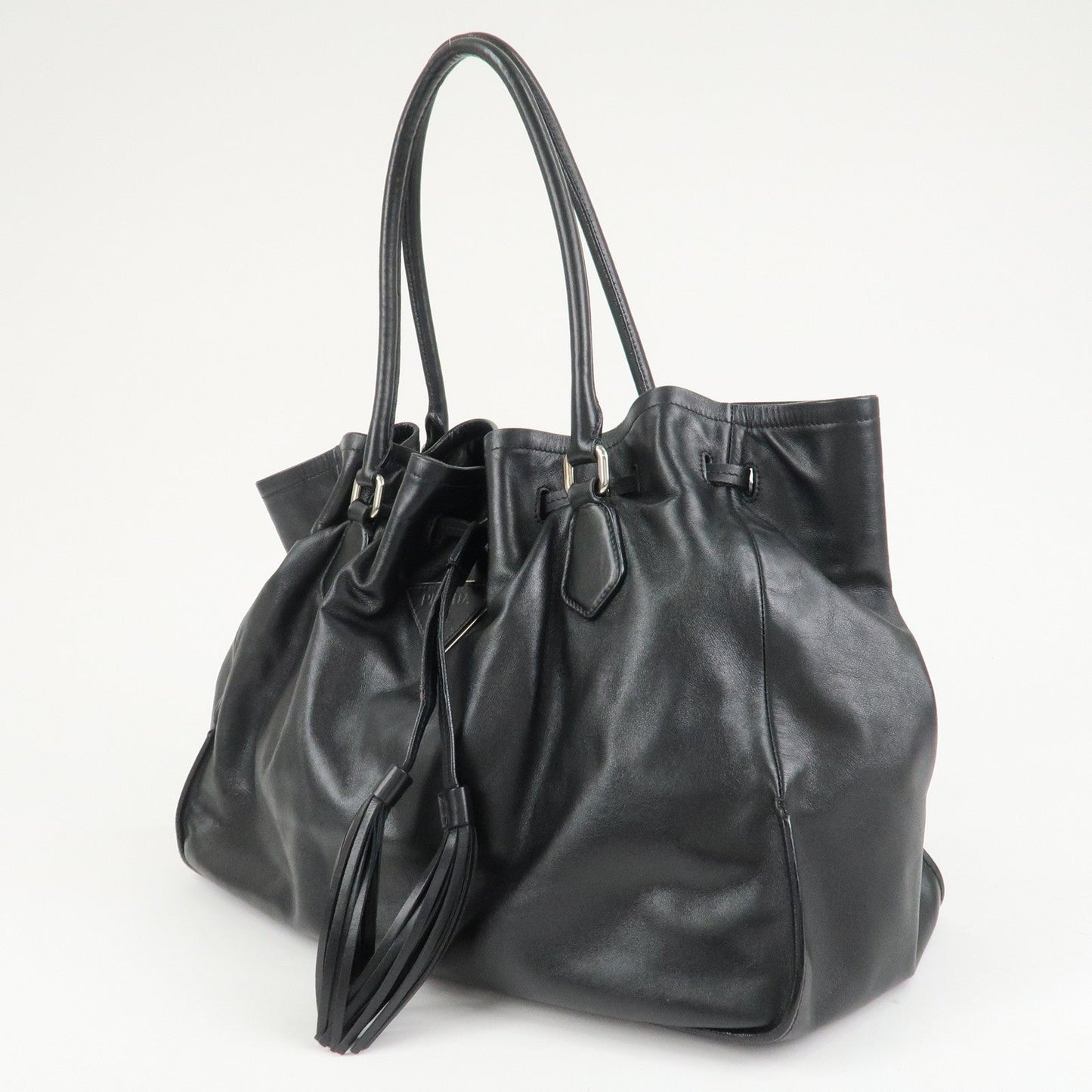 PRADA Triangle Logo Leather Tote Bag Black