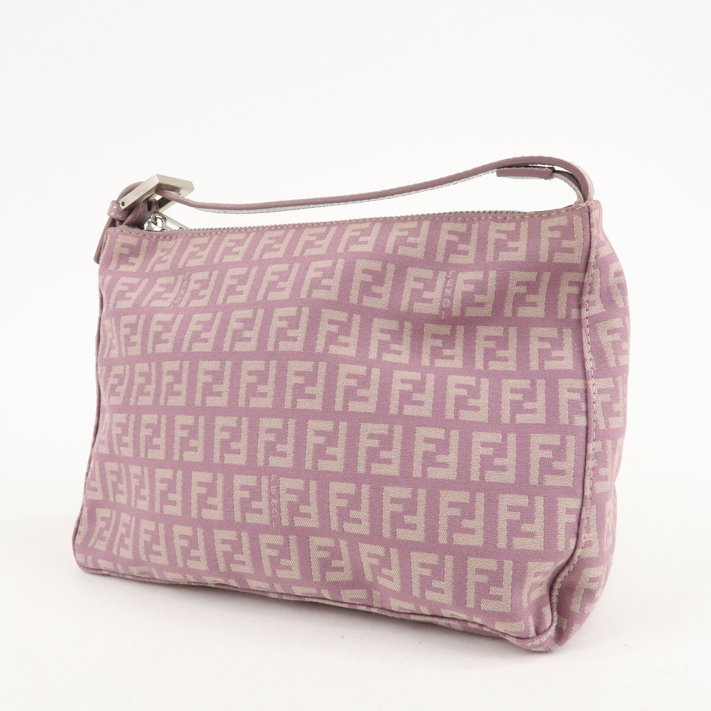 Auth FENDI  Zucchino Canvas Leather Hand Bag Pouch Purple Beige 8N0005  F/S