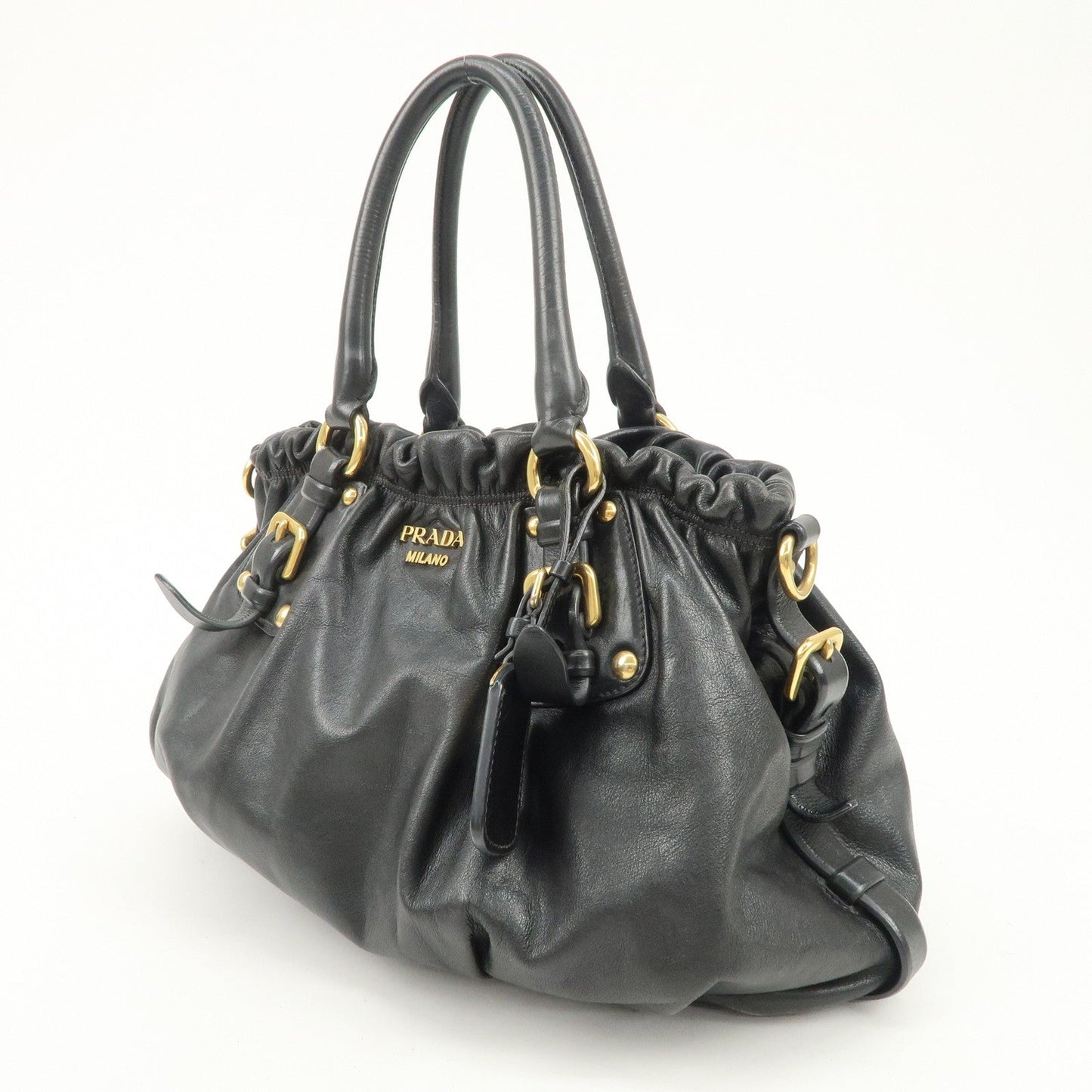 PRADA Logo Leather Gathered Hand Bag Black Gold HDW BR4259
