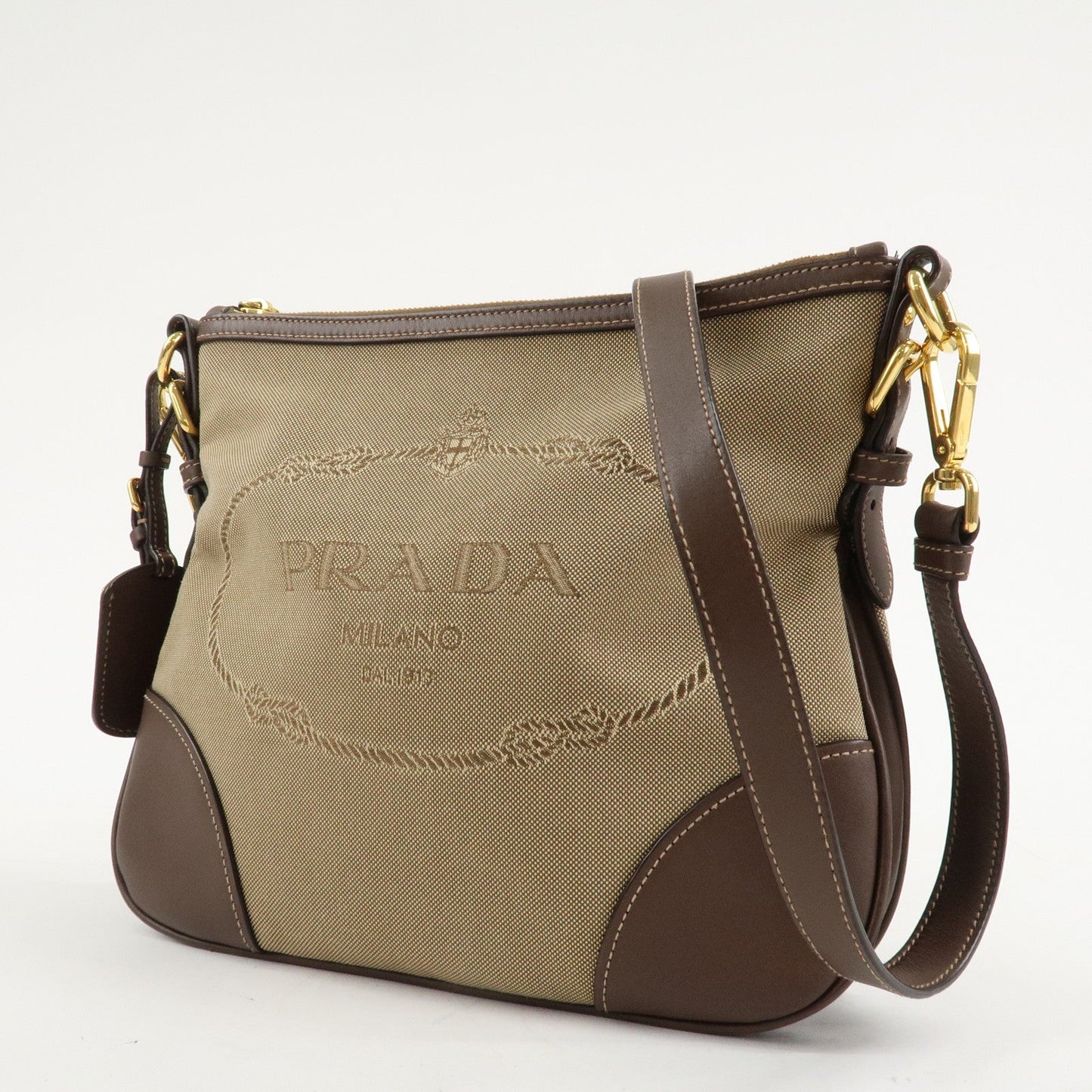 PRADA Jacquard Leather Shoulder Bag Purse Beige Brown BT867A