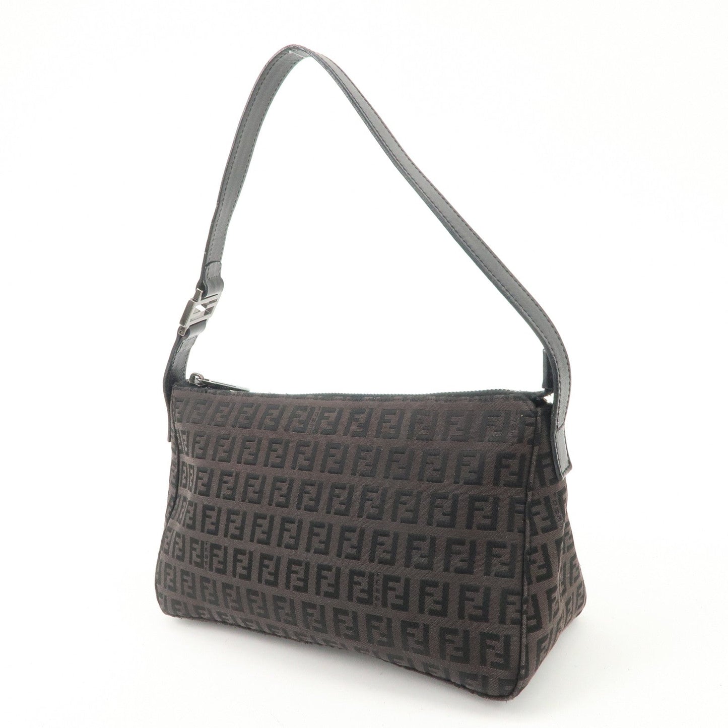 FENDI Zucchino Canvas Leather Shoulder Bag Dark Brown 8BR444