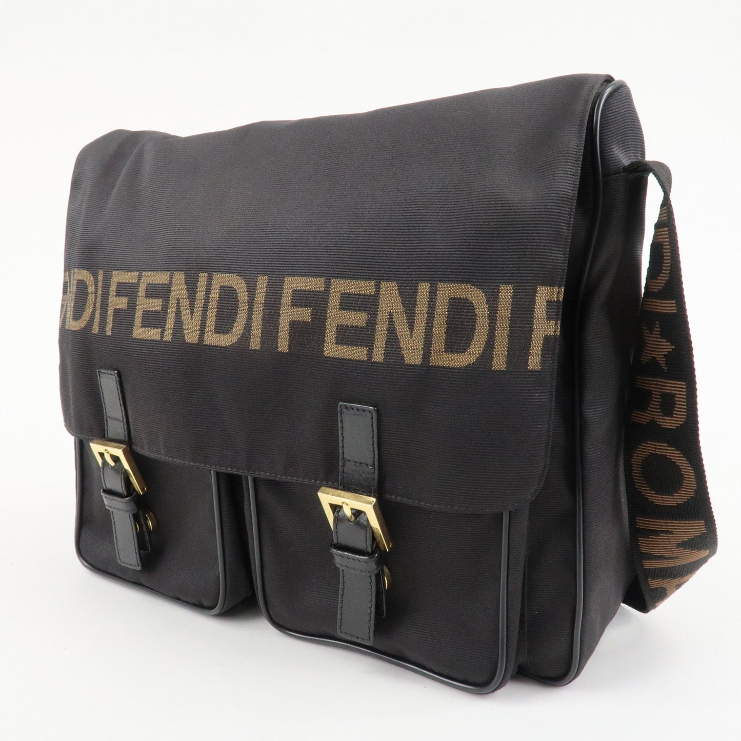 FENDI Nylon Canvas Leather Shoulder Bag Hand Bag Black Brown