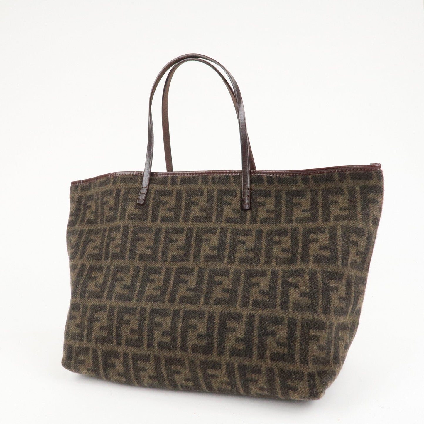 FENDI Zucca Wool Leather Tote Bag Khaki Black Dark Brown
