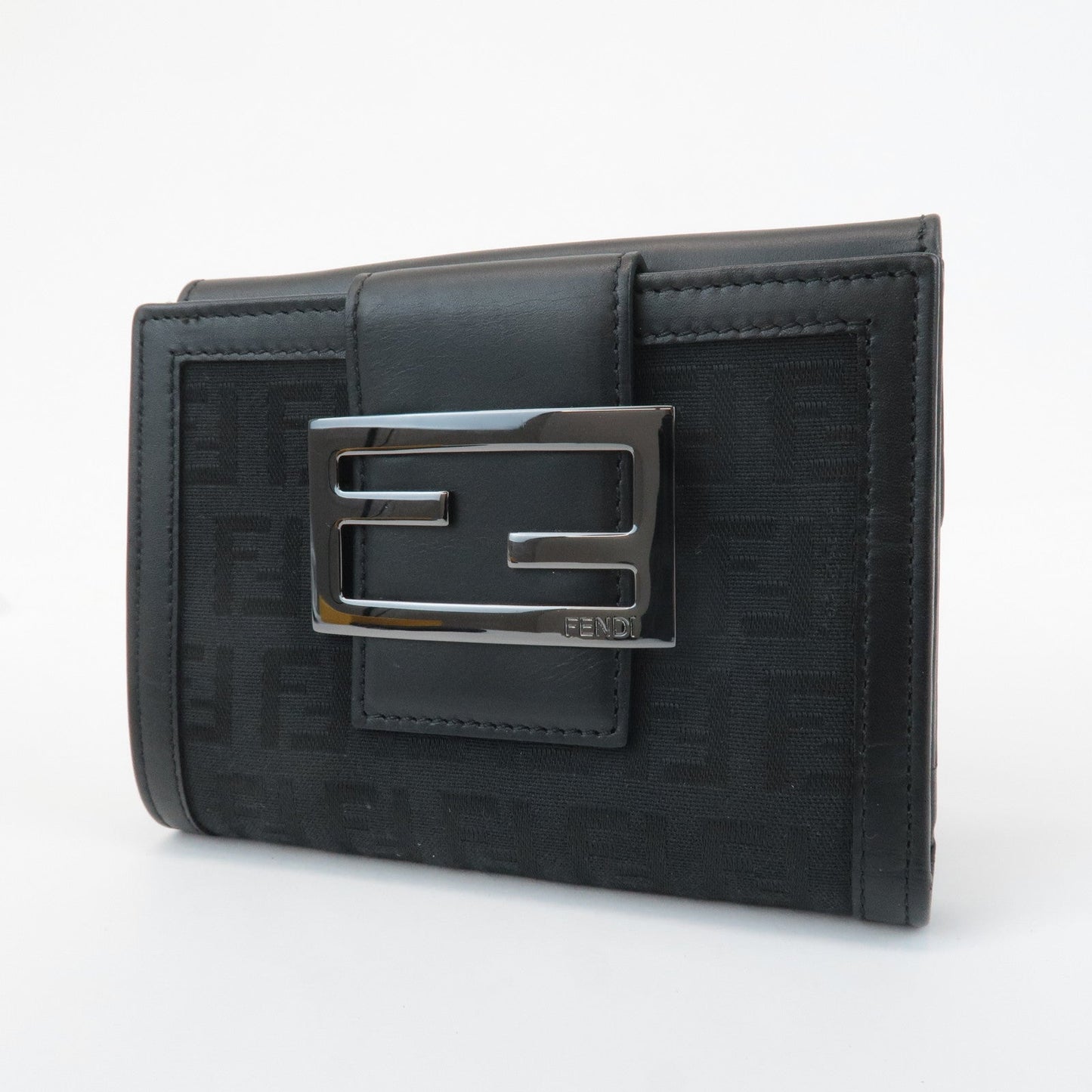 FENDI Zucchino Canvas Leather Double Hook Wallet Black 8M0035