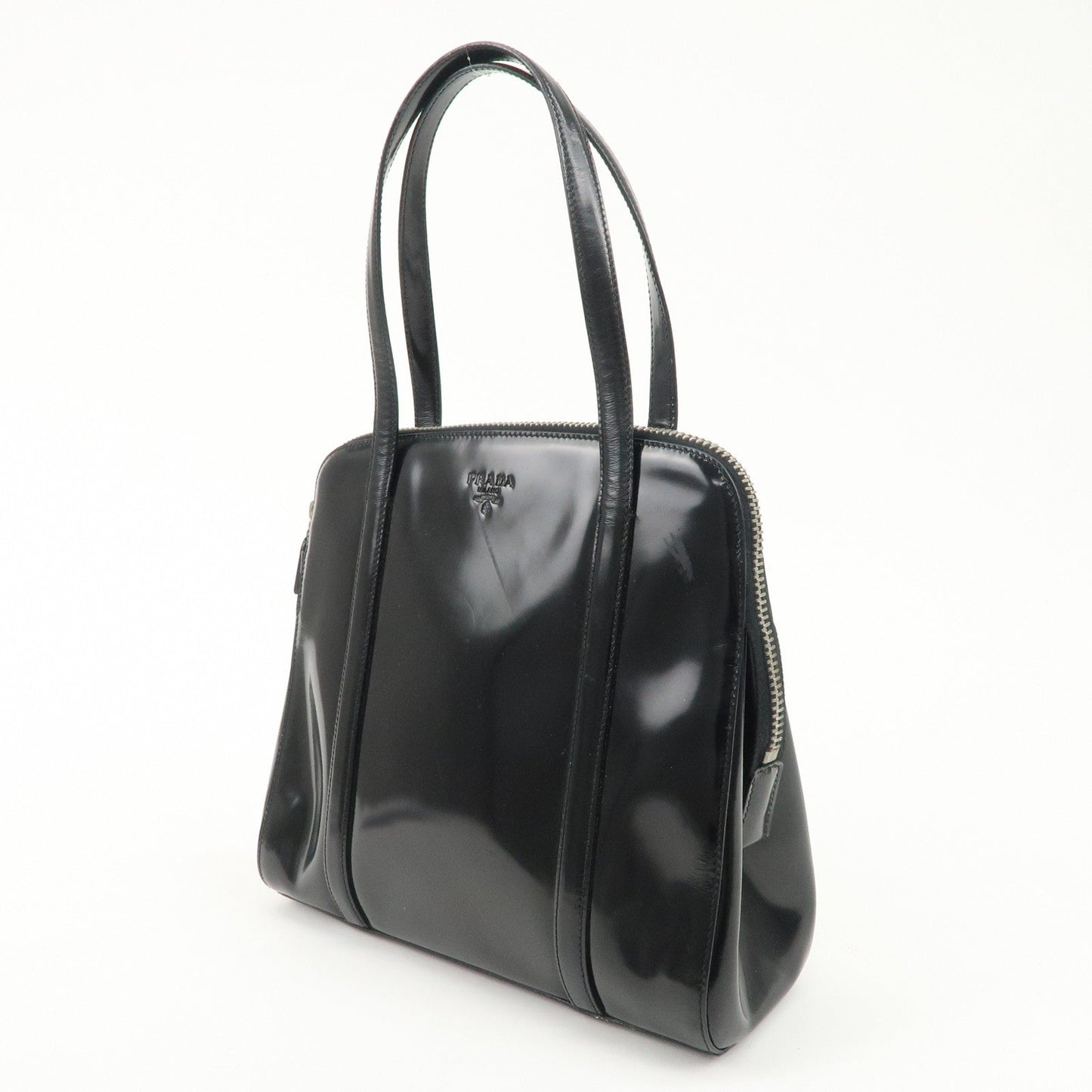 PRADA Patent Leather Tote Bag Hand Bag Black Silver HDW
