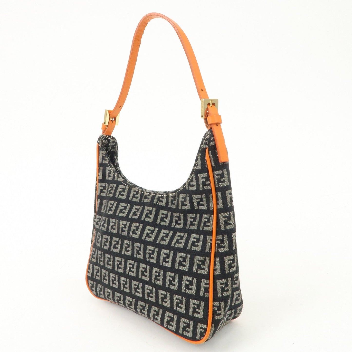 FENDI Zucchino Canvas Leather Shoulder Bag Black White 8BR157