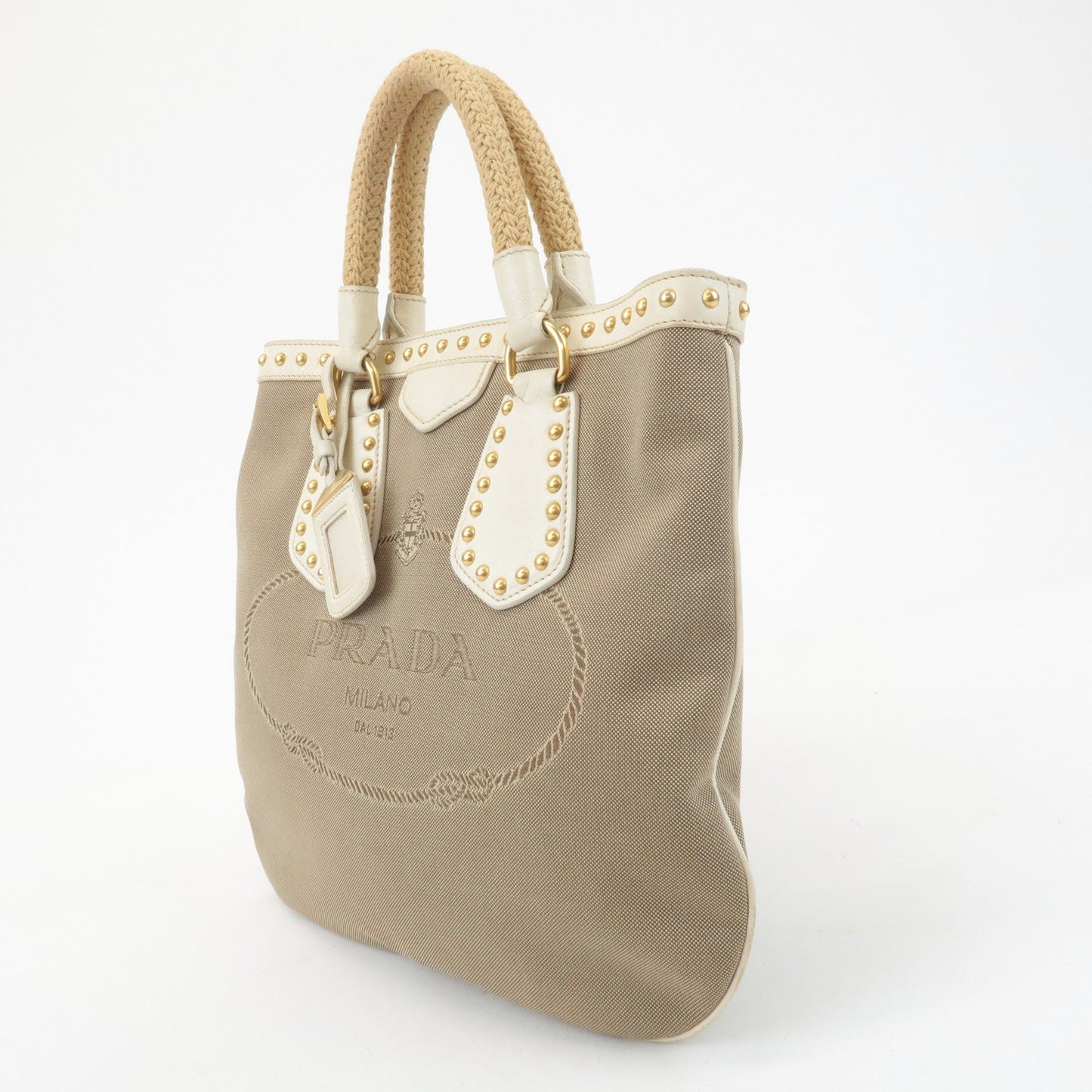 PRADA Canvas Leather 2WAY Logo Studs Hand Bag Beige BN1450