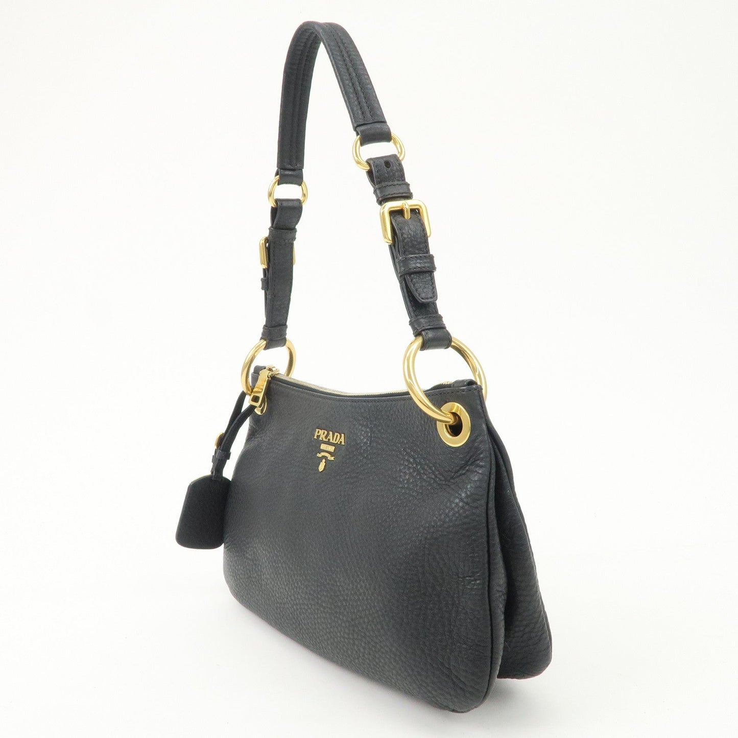 PRADA Logo Leather One-Shoulder Bag Hand Bag Black Gold Hardware