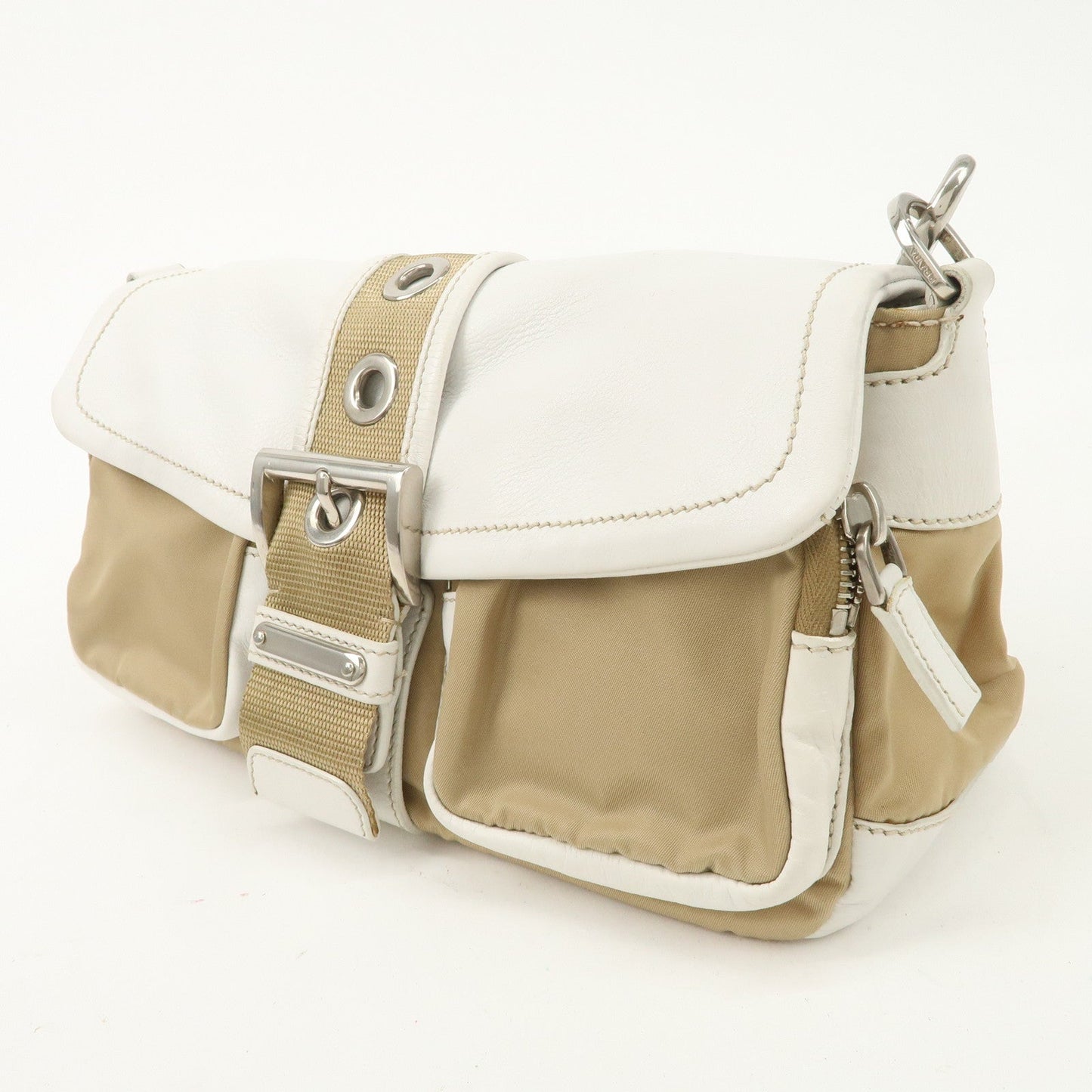 PRADA Nylon Leather Shoulder Bag Cross Body Bag White Beige BR2417