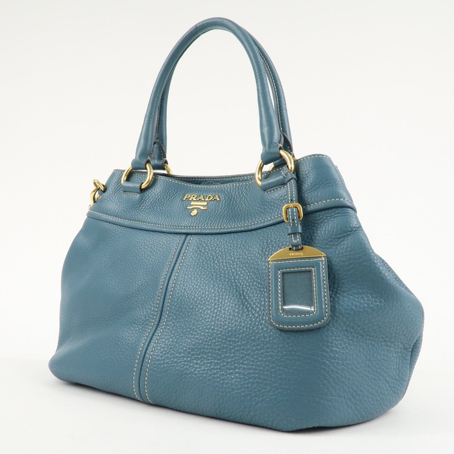 PRADA Leather 2Way Bag Hand Bag Shoulder Bag Blue Gold HDW