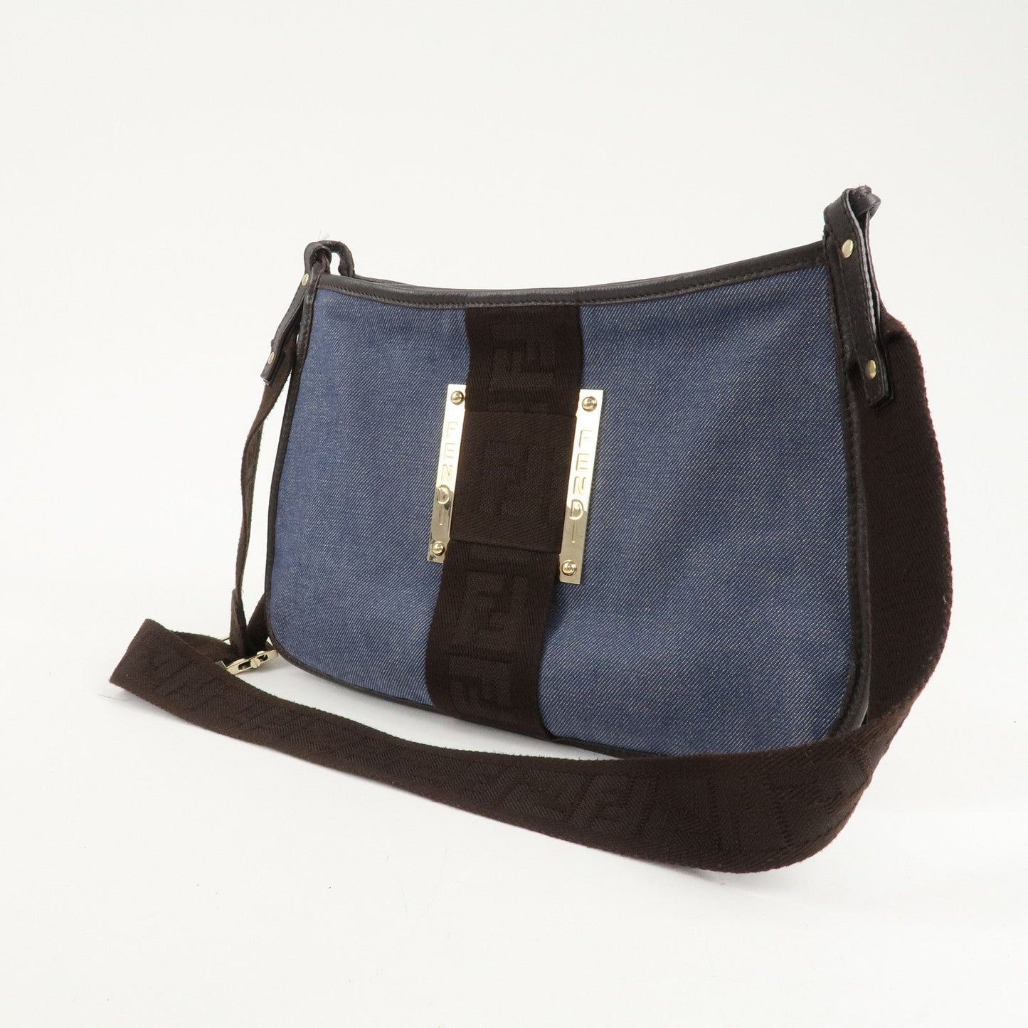 FENDI Zucca Denim Leather Shoulder Bag Cross Body Bag 8BT034
