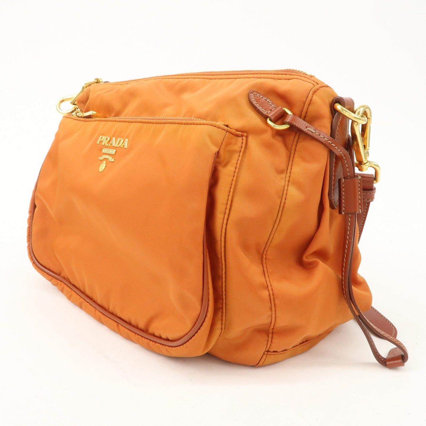 PRADA Logo Nylon Leather Shoulder Bag Gold Hardware Orange
