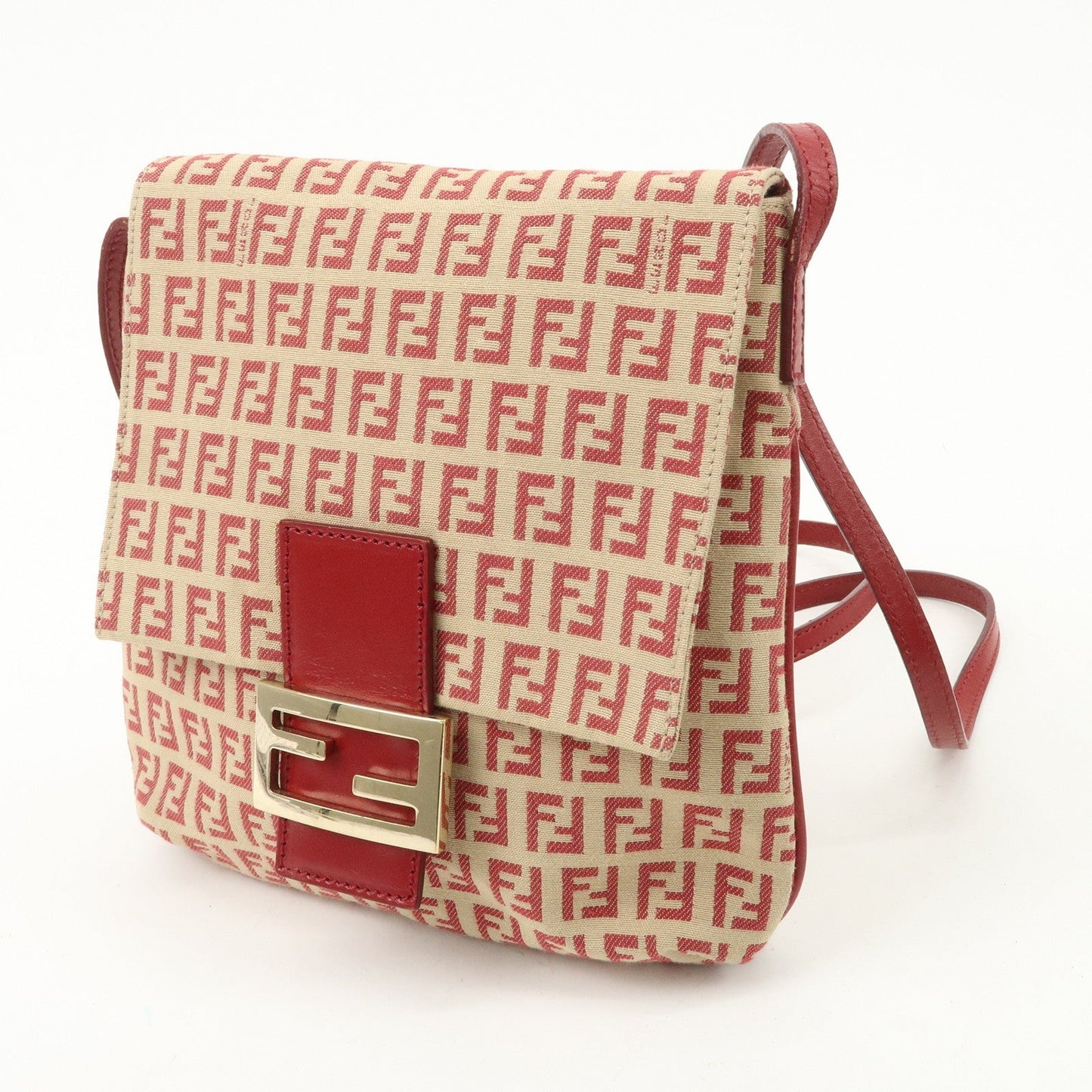 FENDI Zucchino Canvas Leather Shoulder Bag Beige Red 8BT075