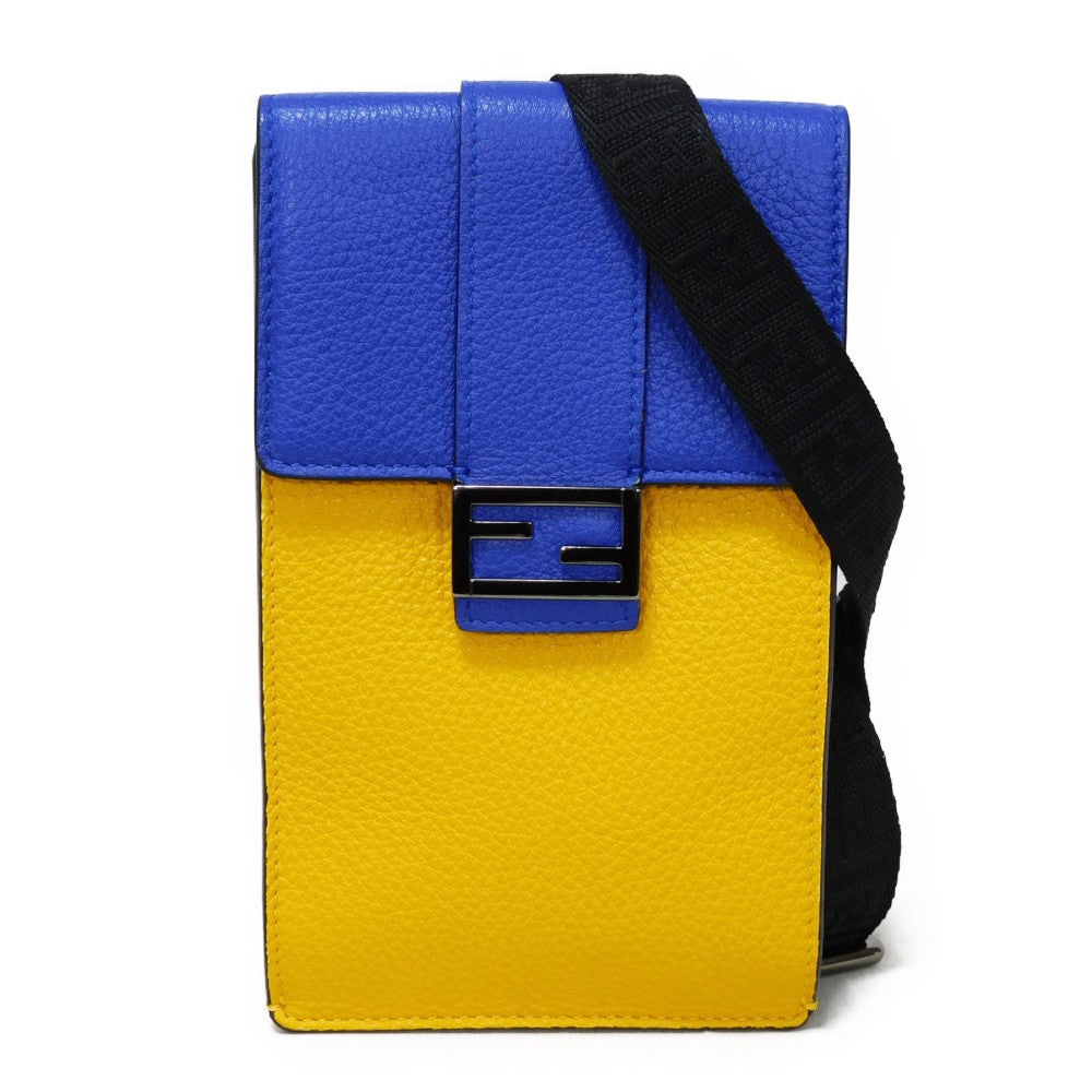 FENDI Shoulder Bag 7AS120 E1C  F1H8N Calf leather (embossed) Blue x Yellow x Red Tricolor Pochette Un FF logo F is forever phone holder unisex(Unisex)