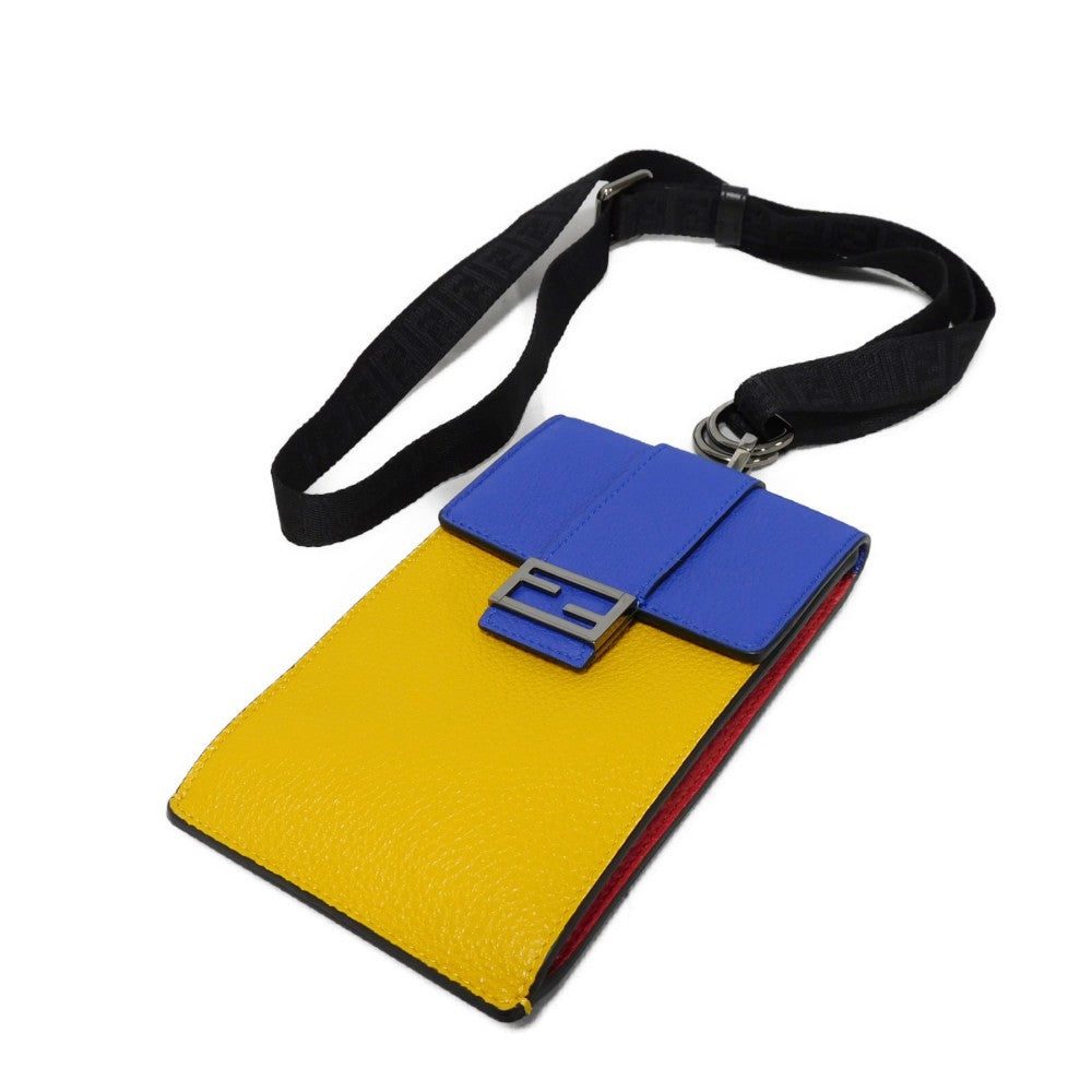 FENDI Shoulder Bag 7AS120 E1C  F1H8N Calf leather (embossed) Blue x Yellow x Red Tricolor Pochette Un FF logo F is forever phone holder unisex(Unisex)