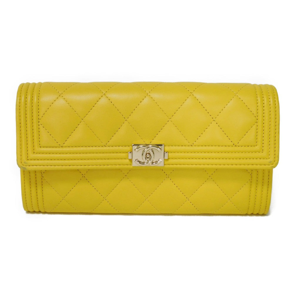 CHANEL Long Wallet Purse A80286 lambskin yellow COCO Mark Quilted Lambskin 27 Series Matrasse Boy Chanel Long Flap Wallet unisex(Unisex)