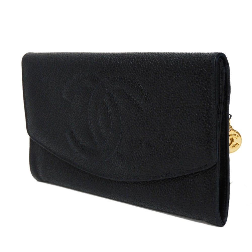 CHANEL Long Wallet Purse A01434 Caviar skin black COCO Mark CC Mark 4th Series Vintage Big Coco Long flap wallet unisex(Unisex)