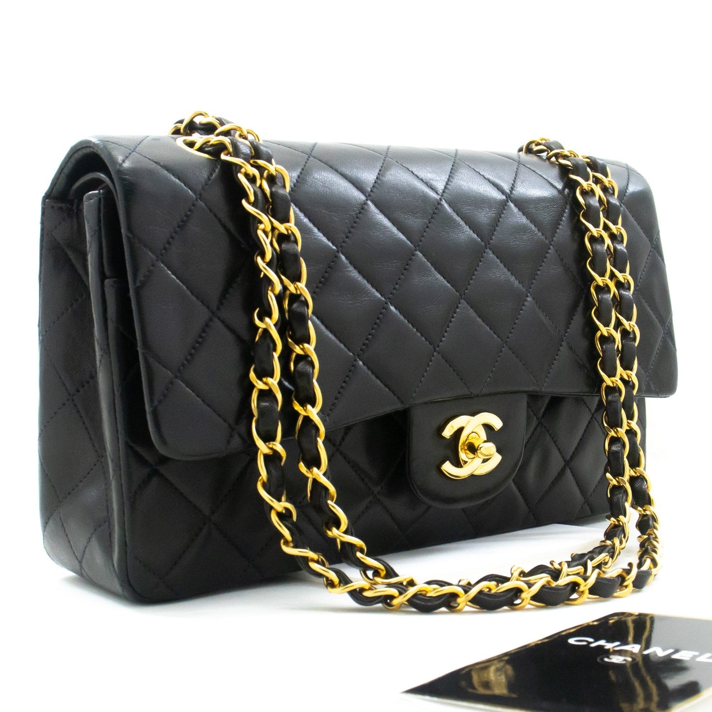 CHANEL Classic Double Flap 10" Chain Shoulder Bag Black Lambskin