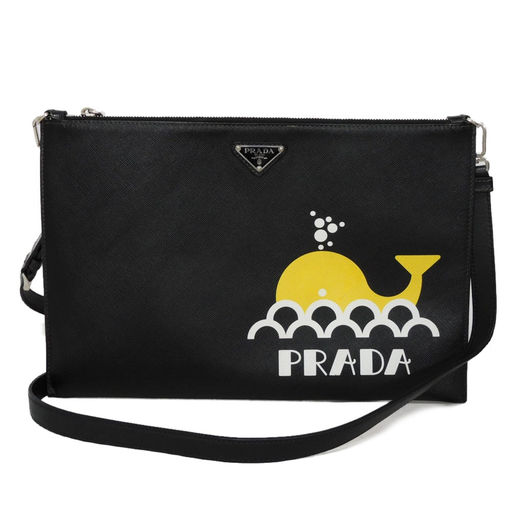PRADA Shoulder Bag 2VH073 2BOV F0C5Z Safiano leather (stamped) black Saffiano 2WAY Triangle logo logo whale print clutch bag unisex(Unisex)