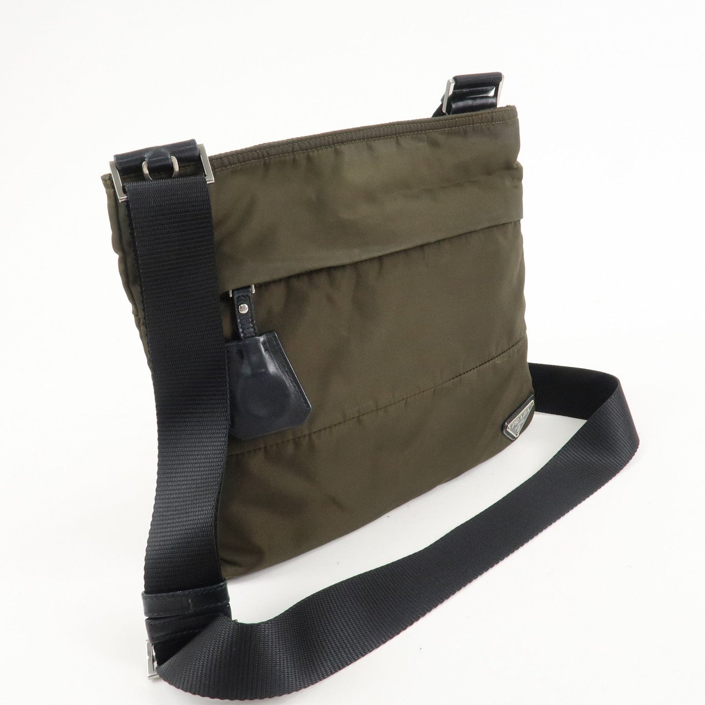 PRADA Nylon Leather Triangle Logo Shoulder Bag Khaki BT0741