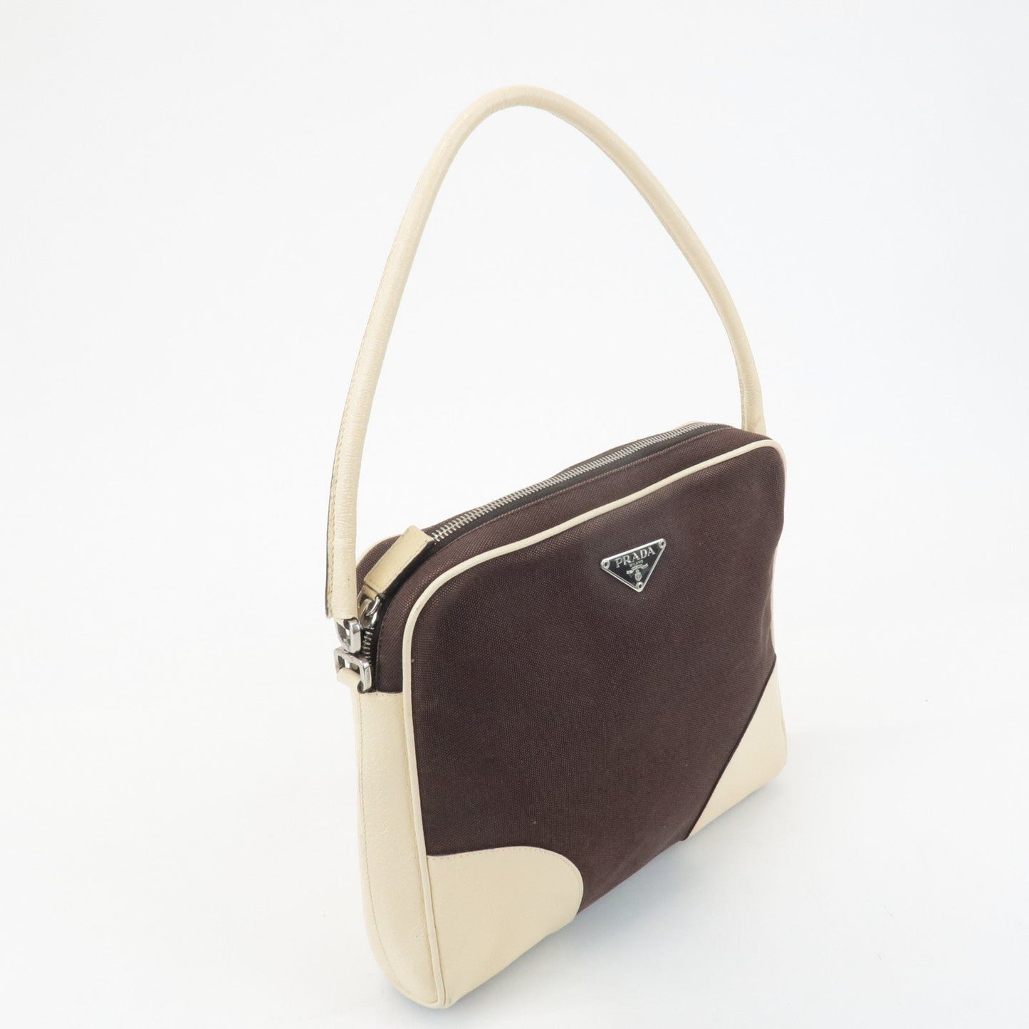 PRADA Triangle Logo Canvas Leather Shoulder Bag Brown Ivory