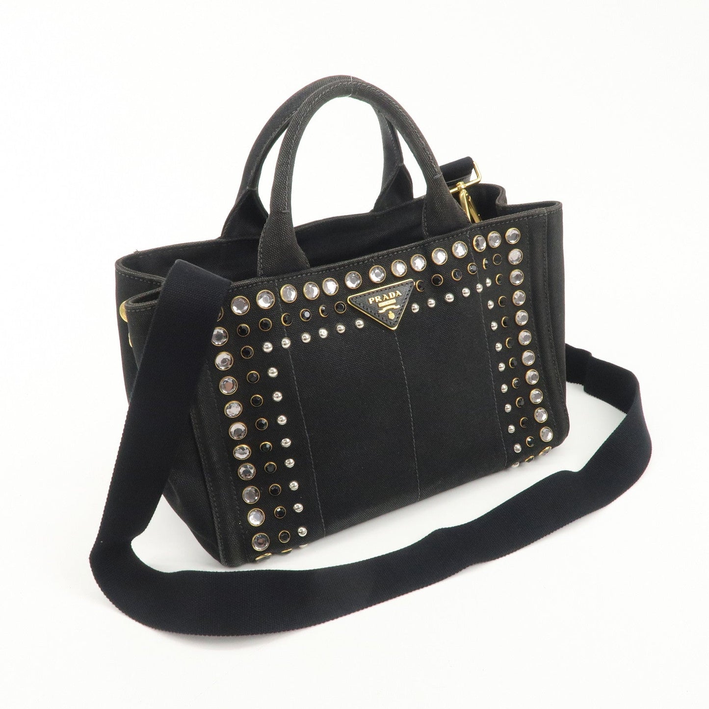 PRADA Mini Canapa Bijou Studs Canvas 2Way Bag Black B24390