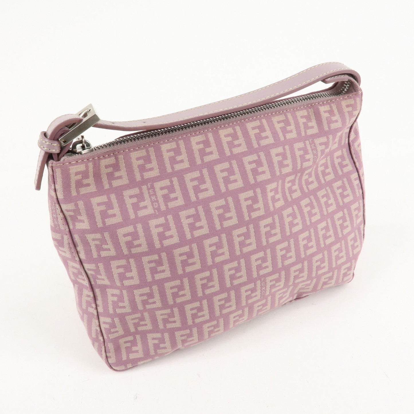 Auth FENDI  Zucchino Canvas Leather Hand Bag Pouch Purple Beige 8N0005  F/S