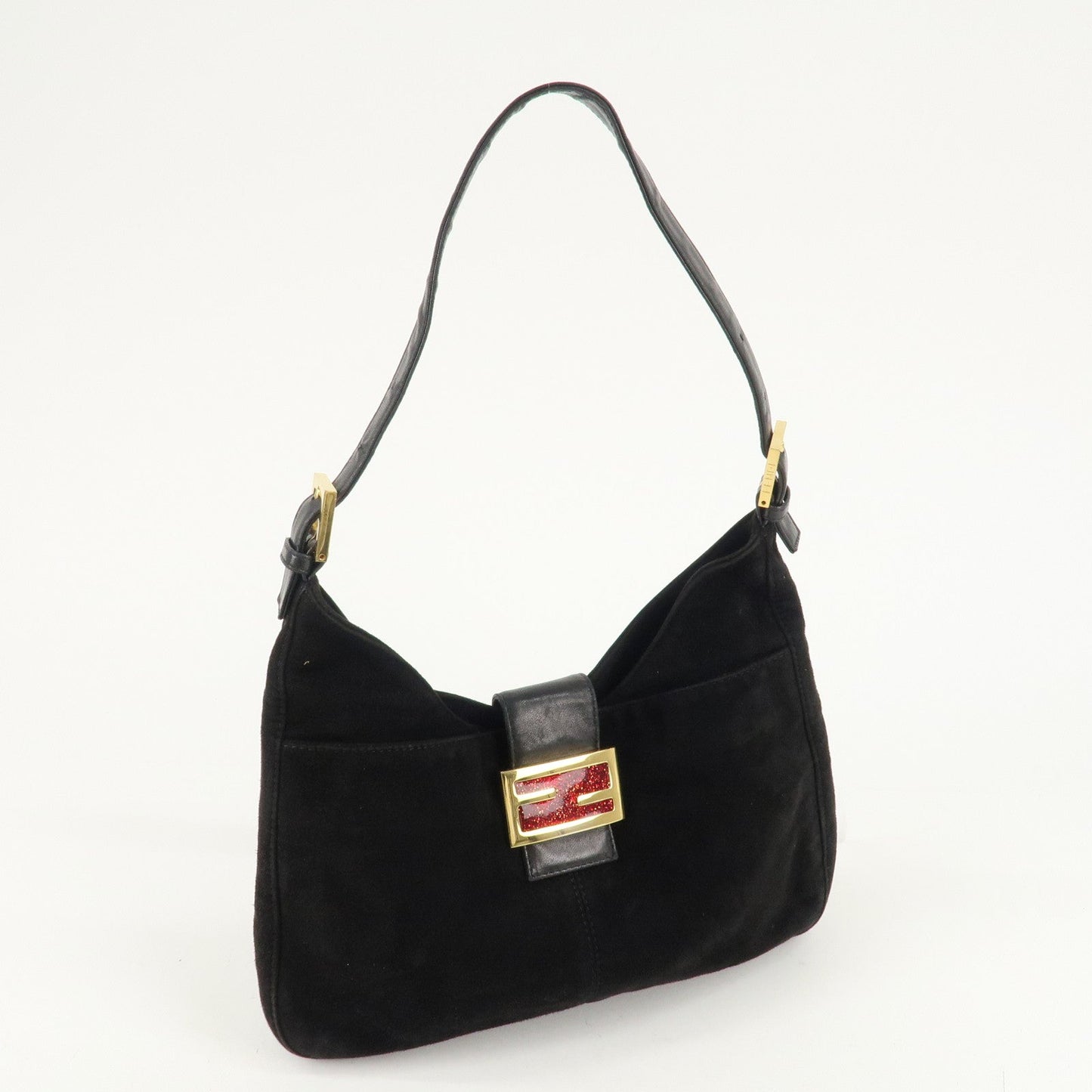 FENDI Suede Leather Shoulder Bag Black 26569