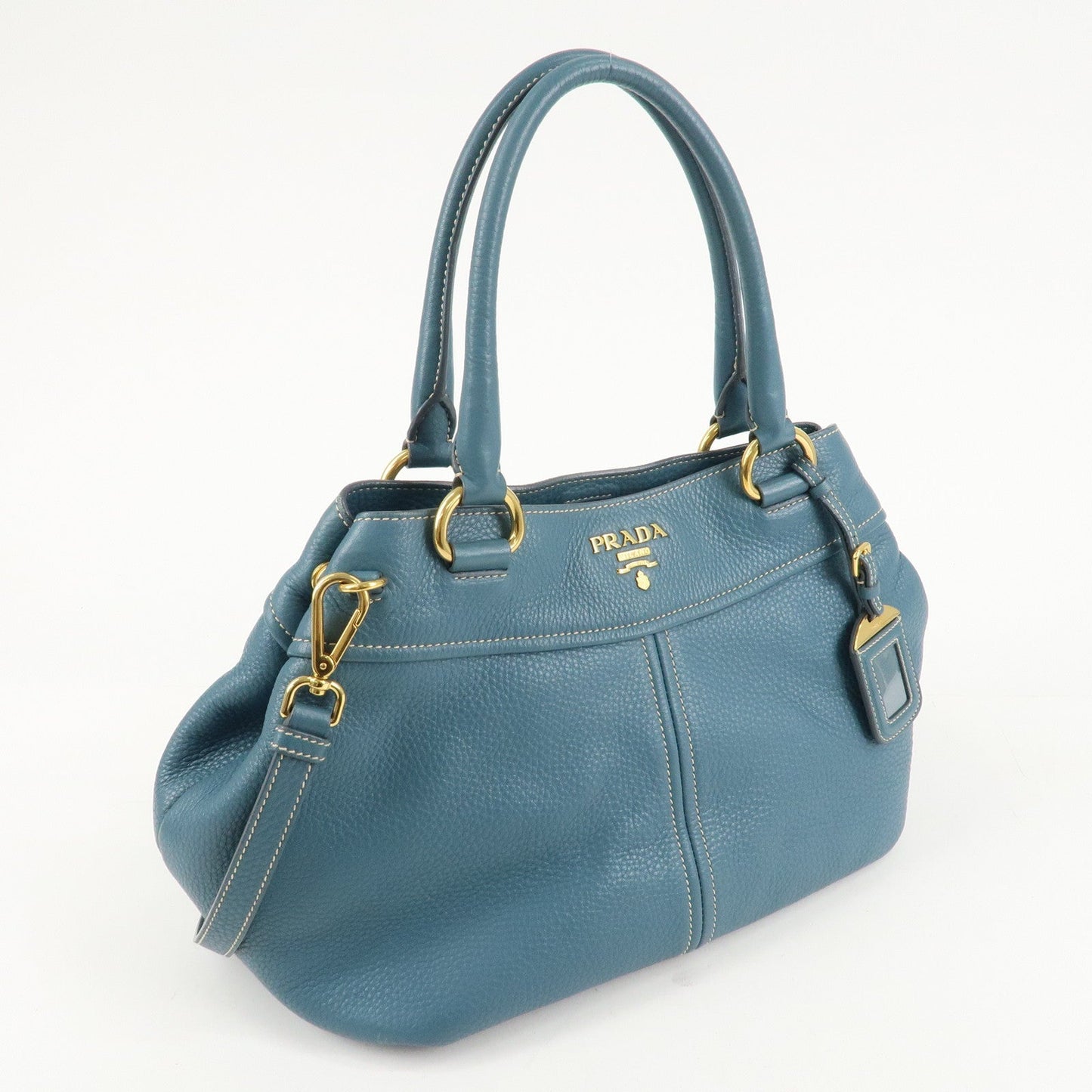 PRADA Leather 2Way Bag Hand Bag Shoulder Bag Blue Gold HDW