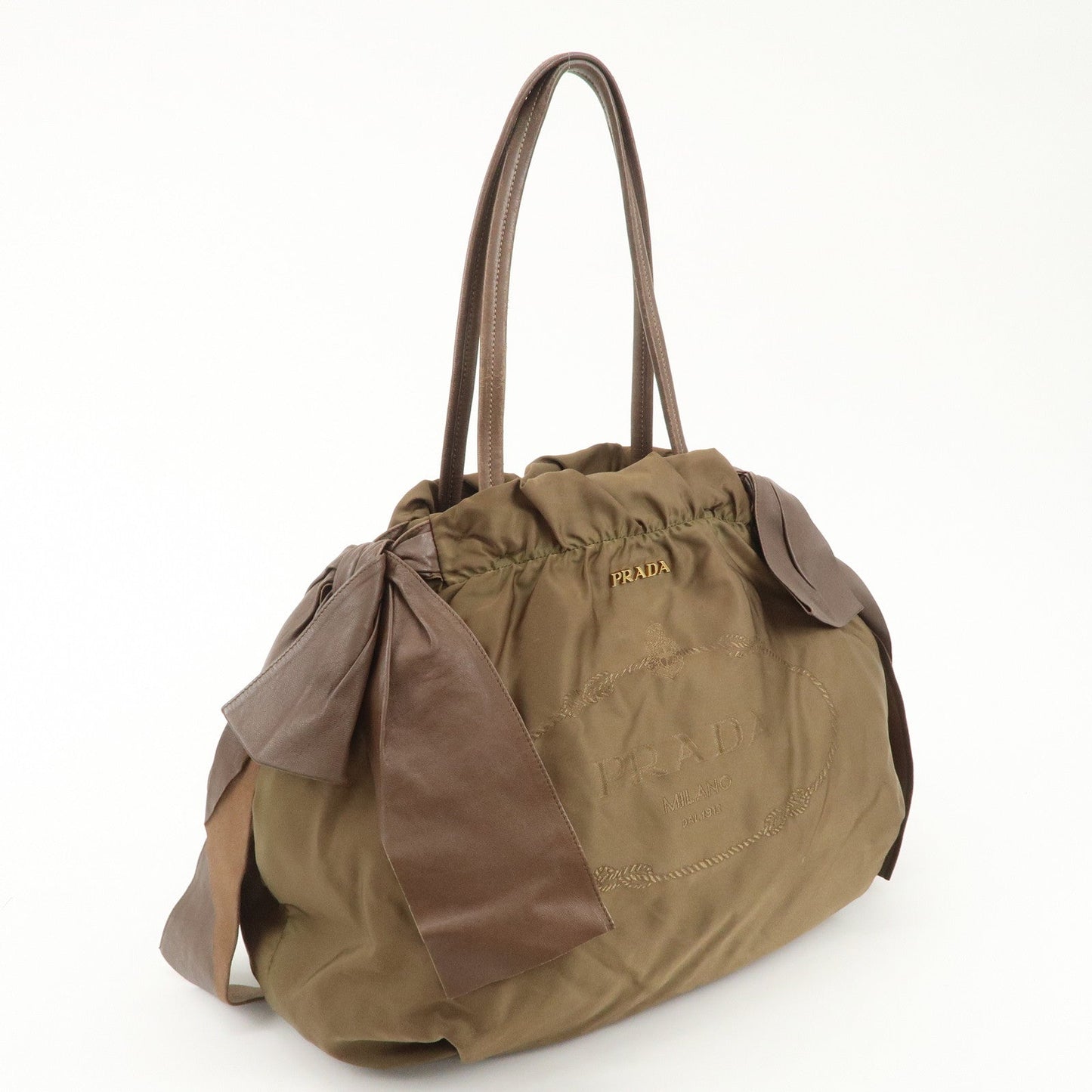 PRADA Logo Nylon Leather Ribbon Shoulder Bag Brown BR4205