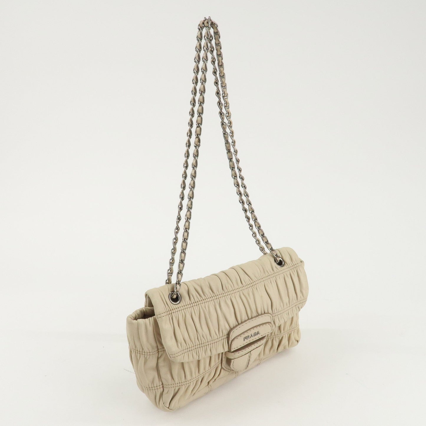 PRADA Leather Gathered Chain Shoulder Bag Ivory B4695C