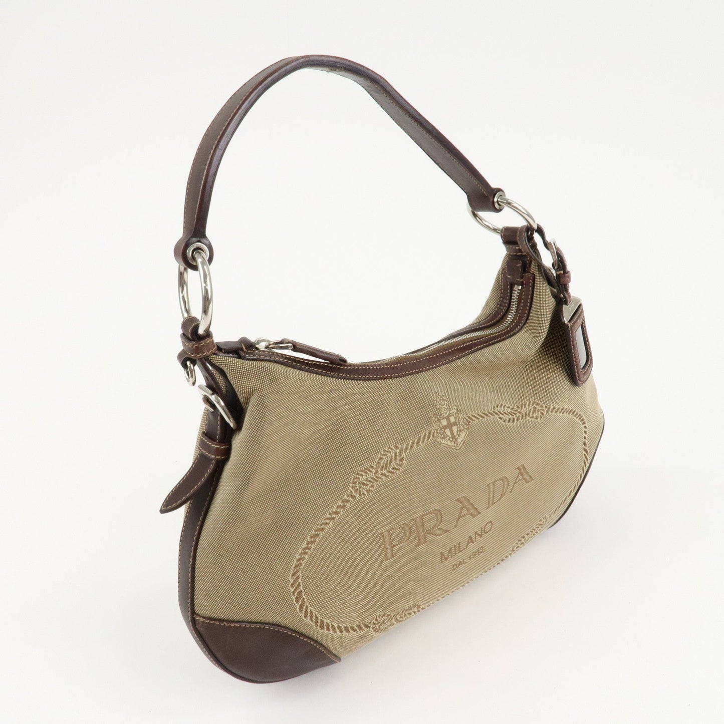PRADA Logo Jacquard Leather Shoulder Bag Beige Brown