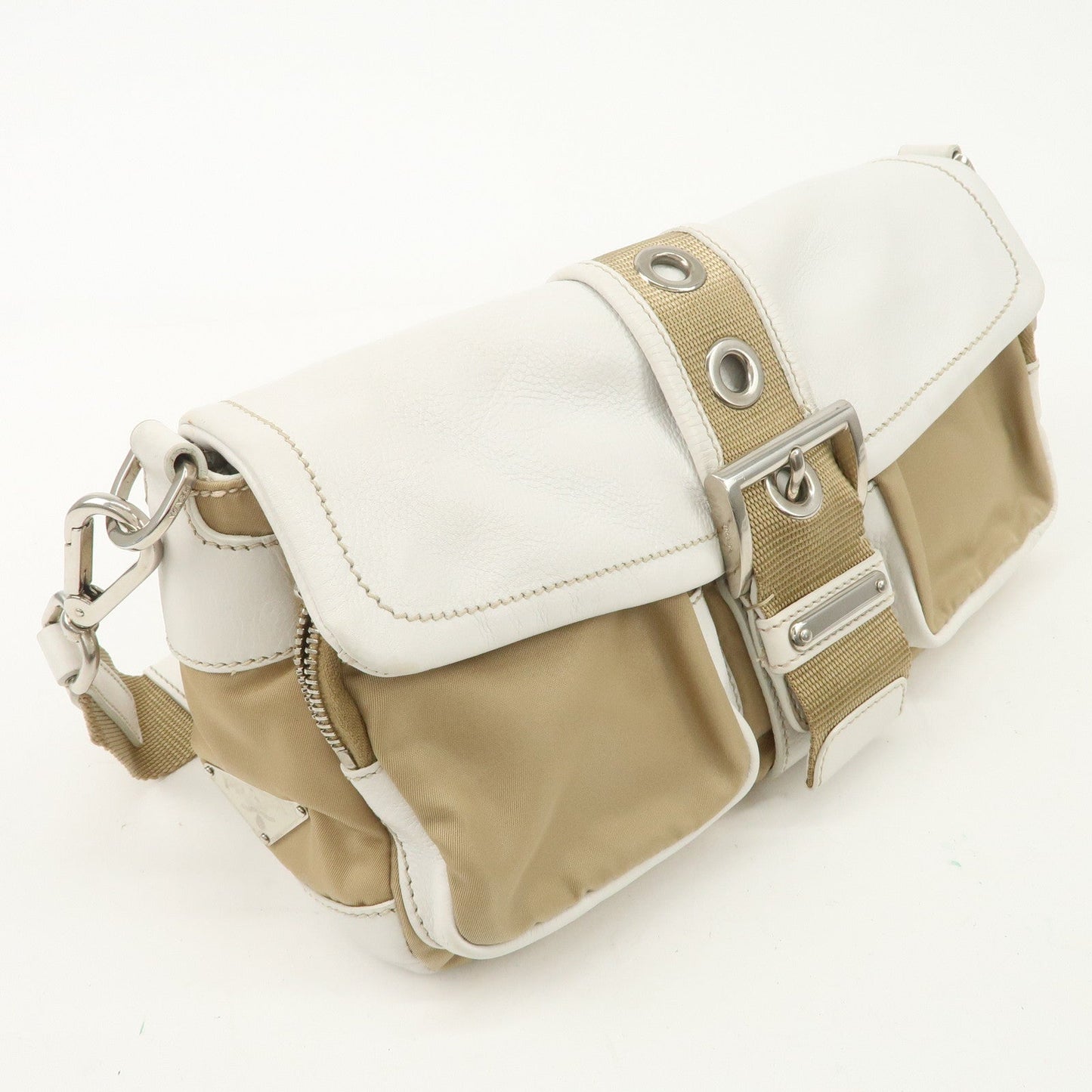 PRADA Nylon Leather Shoulder Bag Cross Body Bag White Beige BR2417