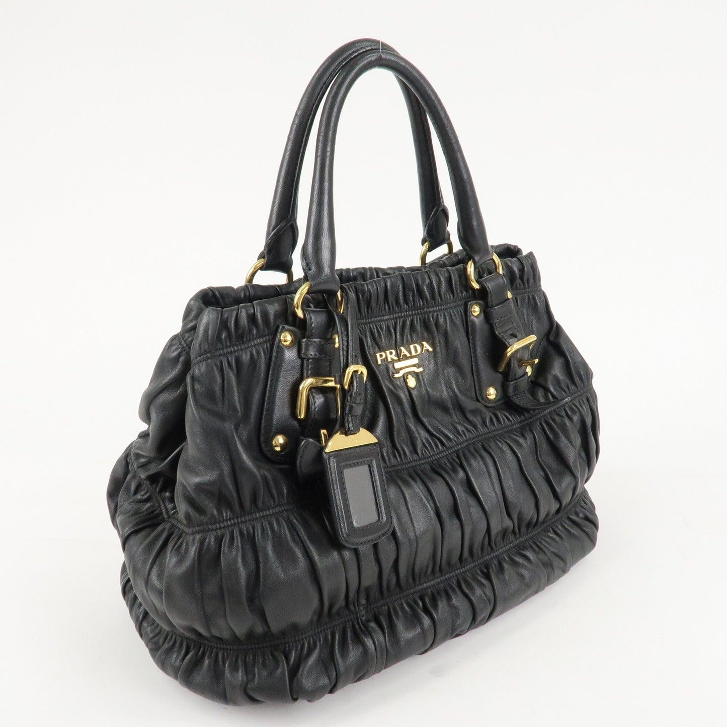 PRADA Leather 2Way Bag Hand Bag Shoulder Bag   Black Gold HDW