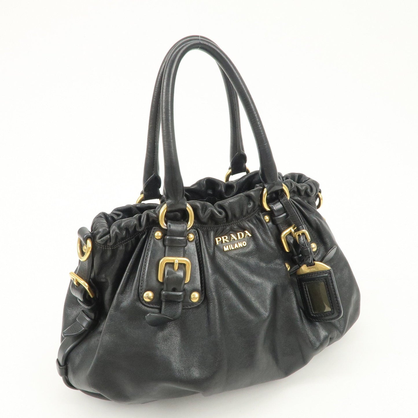 PRADA Logo Leather Gathered Hand Bag Black Gold HDW BR4259