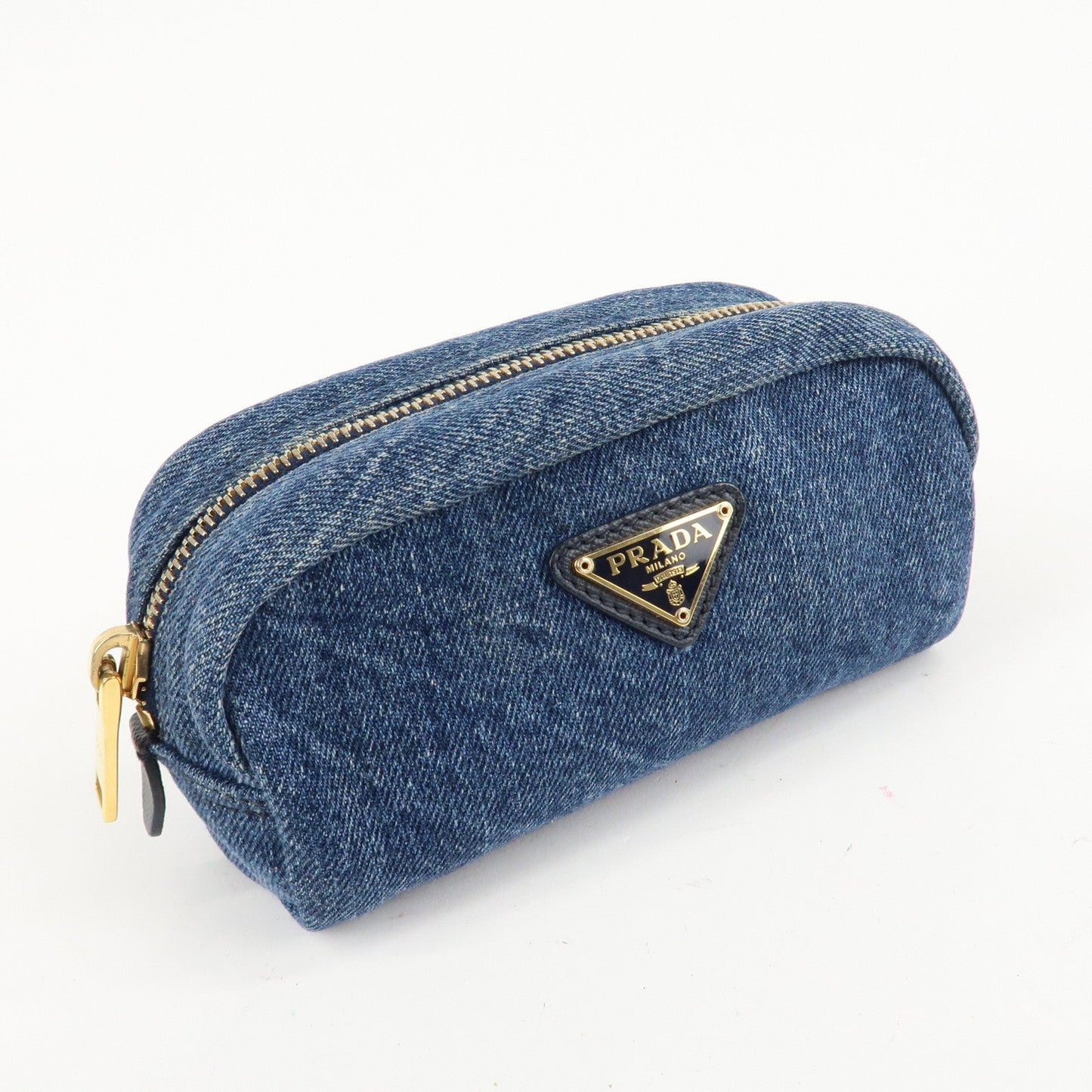 PRADA Logo Canvas Leather Pouch Cosmetic Pouch Blue 1NA175