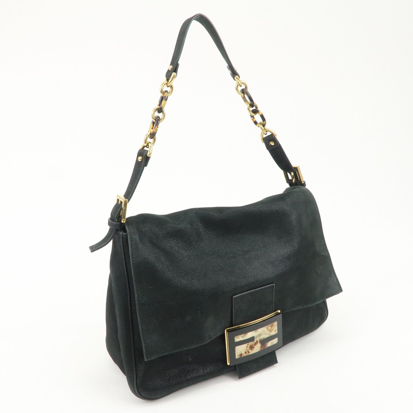 FENDI Mamma Baguette Leather Chain Shoulder Bag Gold Black 8BR638
