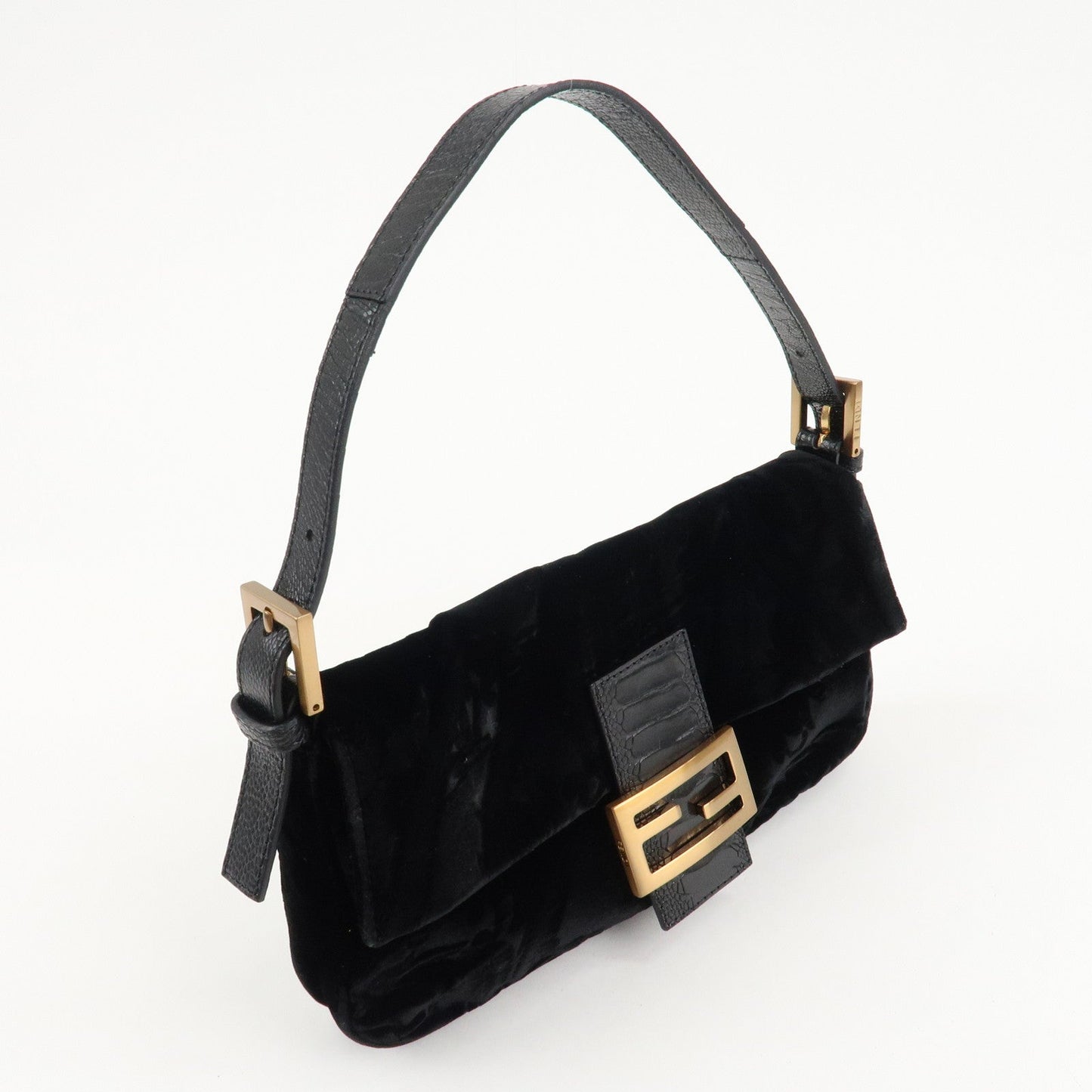 FENDI Mamma Baguette Polyester Leather Shoulder Bag Black 8BR000