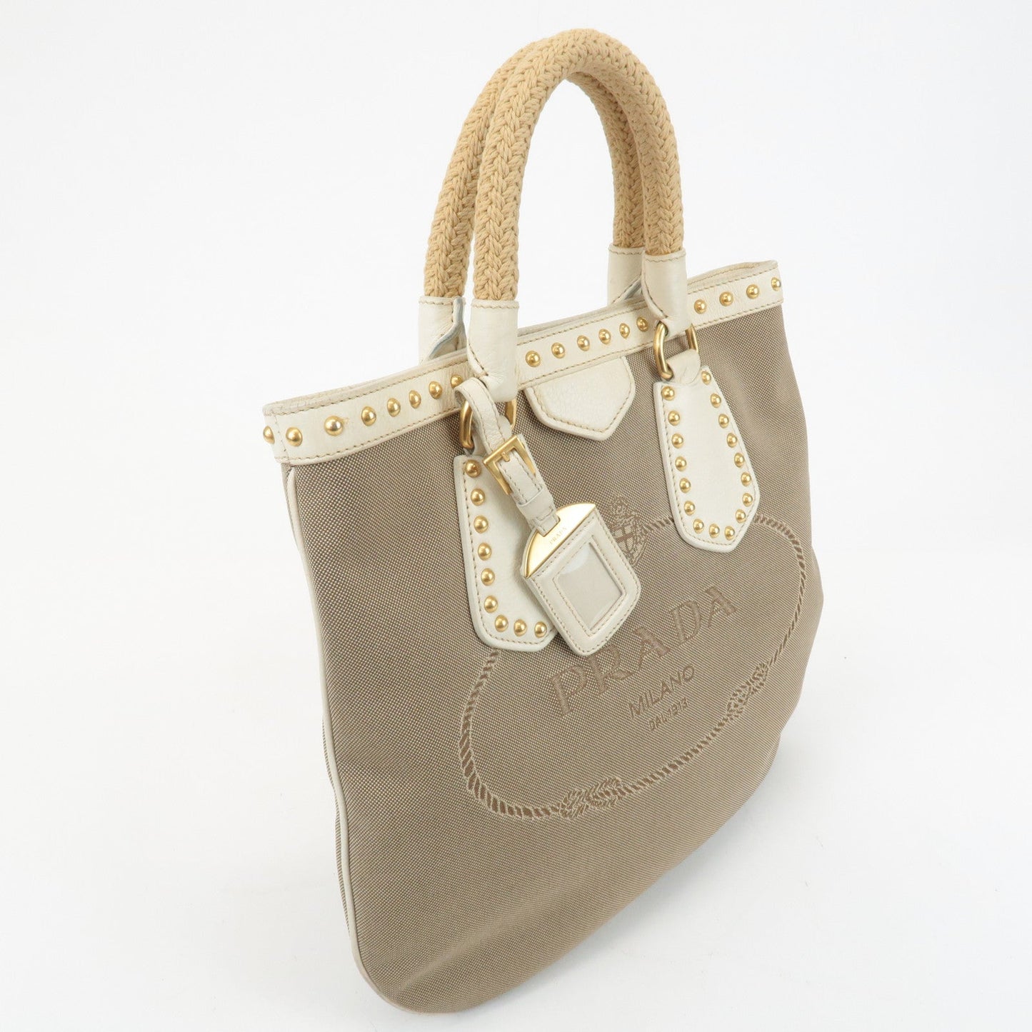 PRADA Canvas Leather 2WAY Logo Studs Hand Bag Beige BN1450