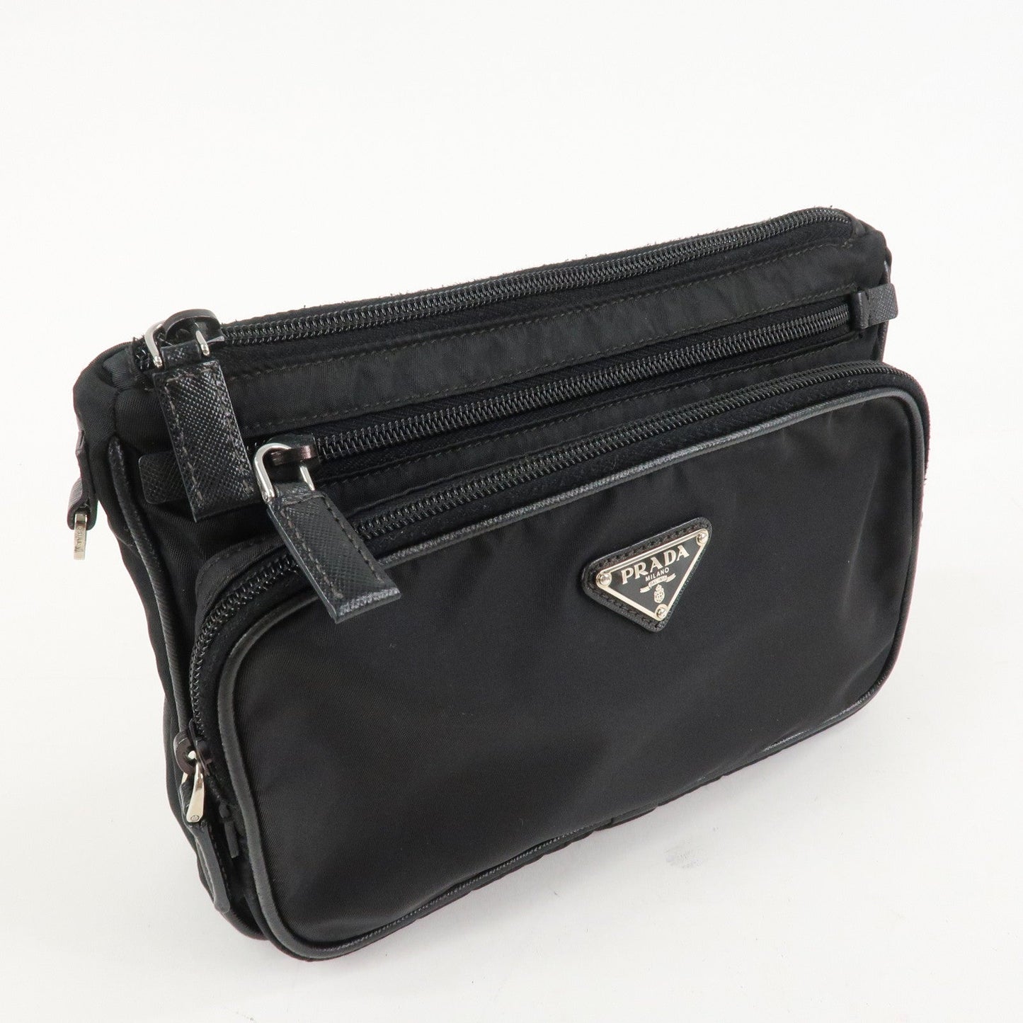 PRADA Logo Nylon Leather Clutch Bag Travel Pouch Black