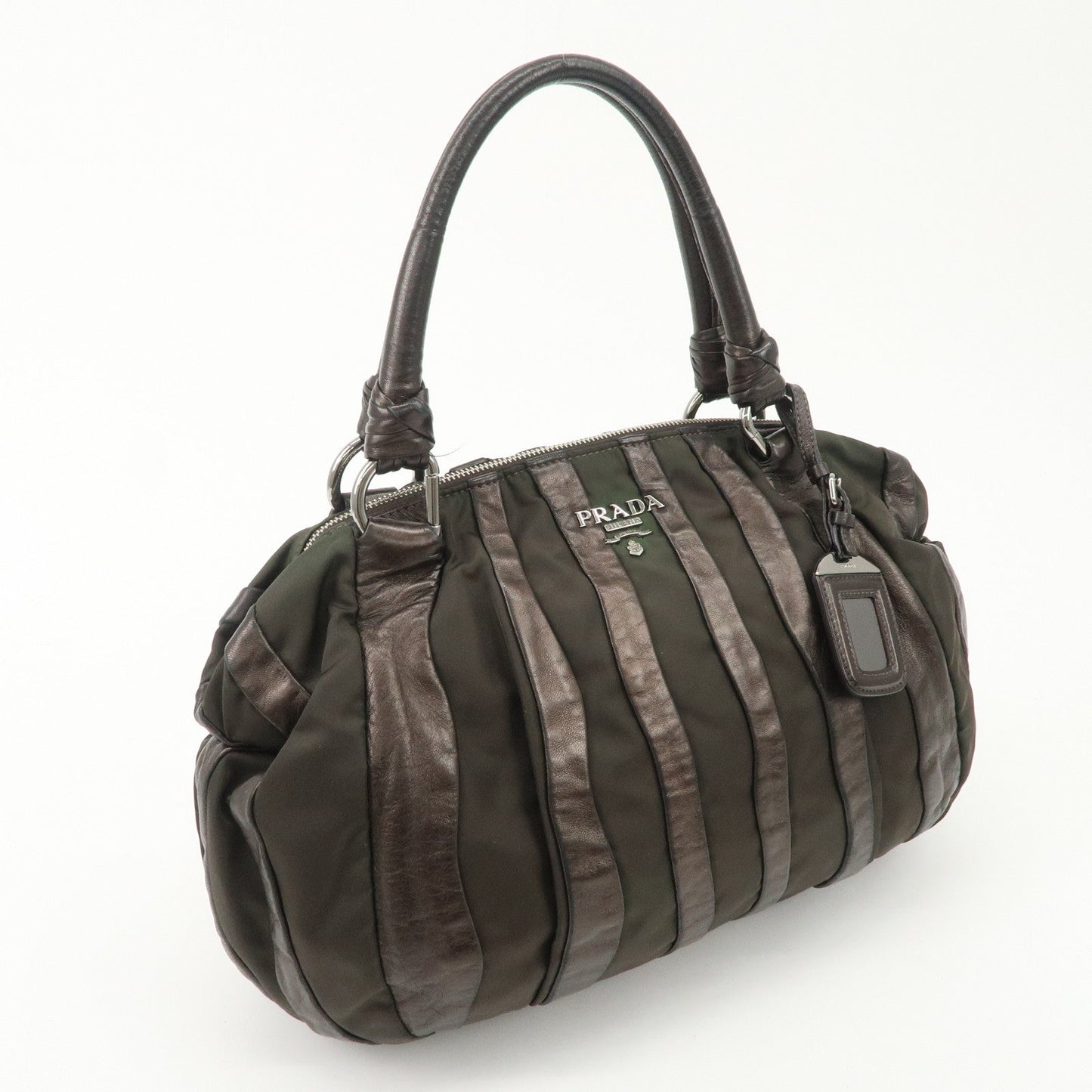 PRADA Logo Nylon Leather Stripe Tote Bag Hand Bag Brown BL0538