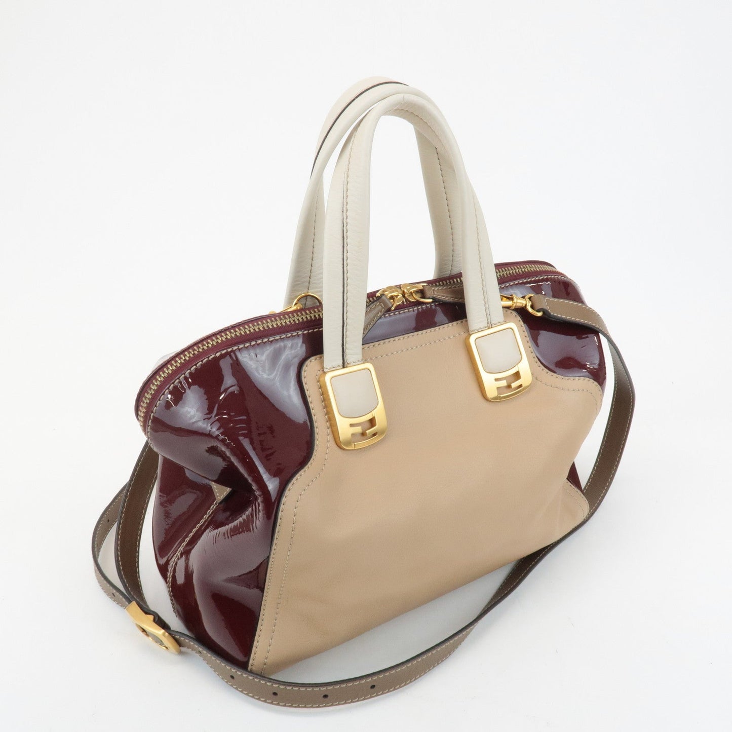 FENDI Chameleon Leather 2WAY Bag Hand Bag Beige Bordeaux 8BL114